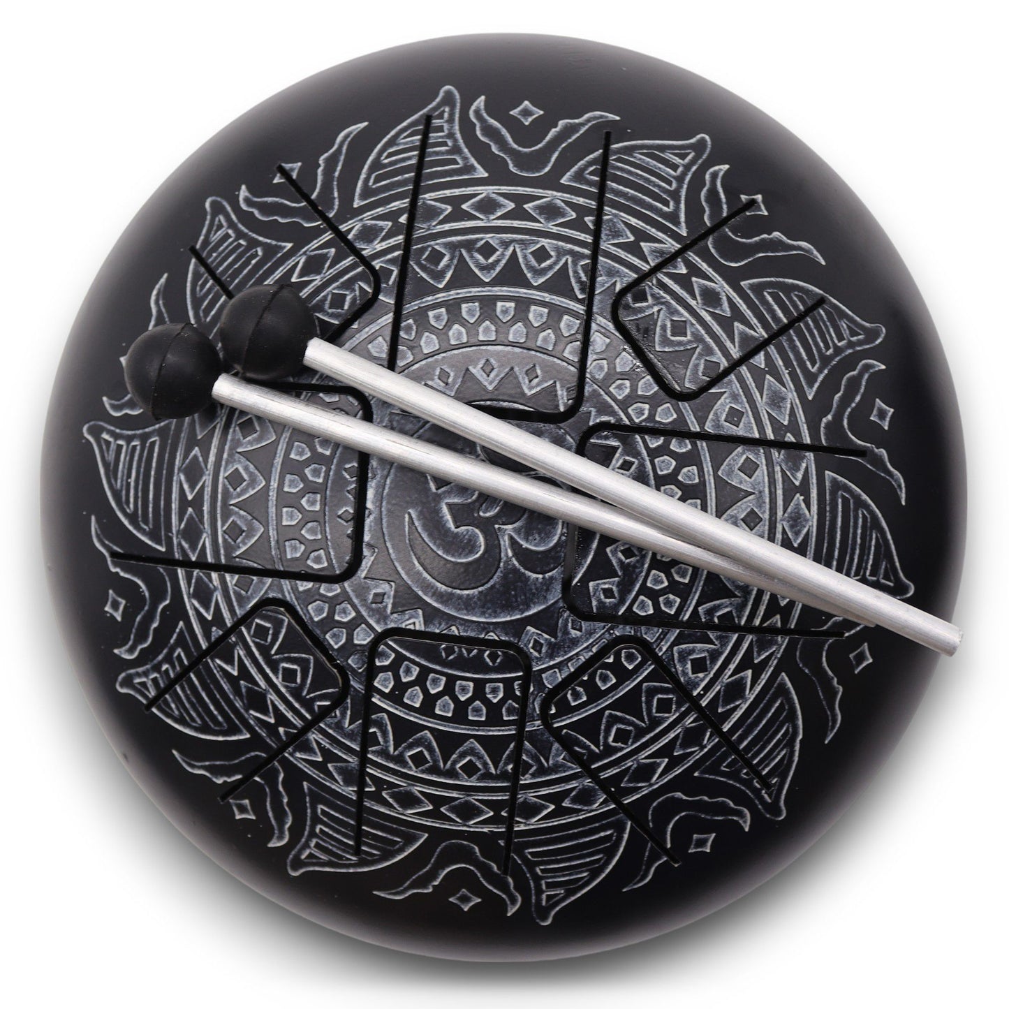 Circular steel hapi drum with an intricate Om Mandala design engraved on the surface in a metallic finish.