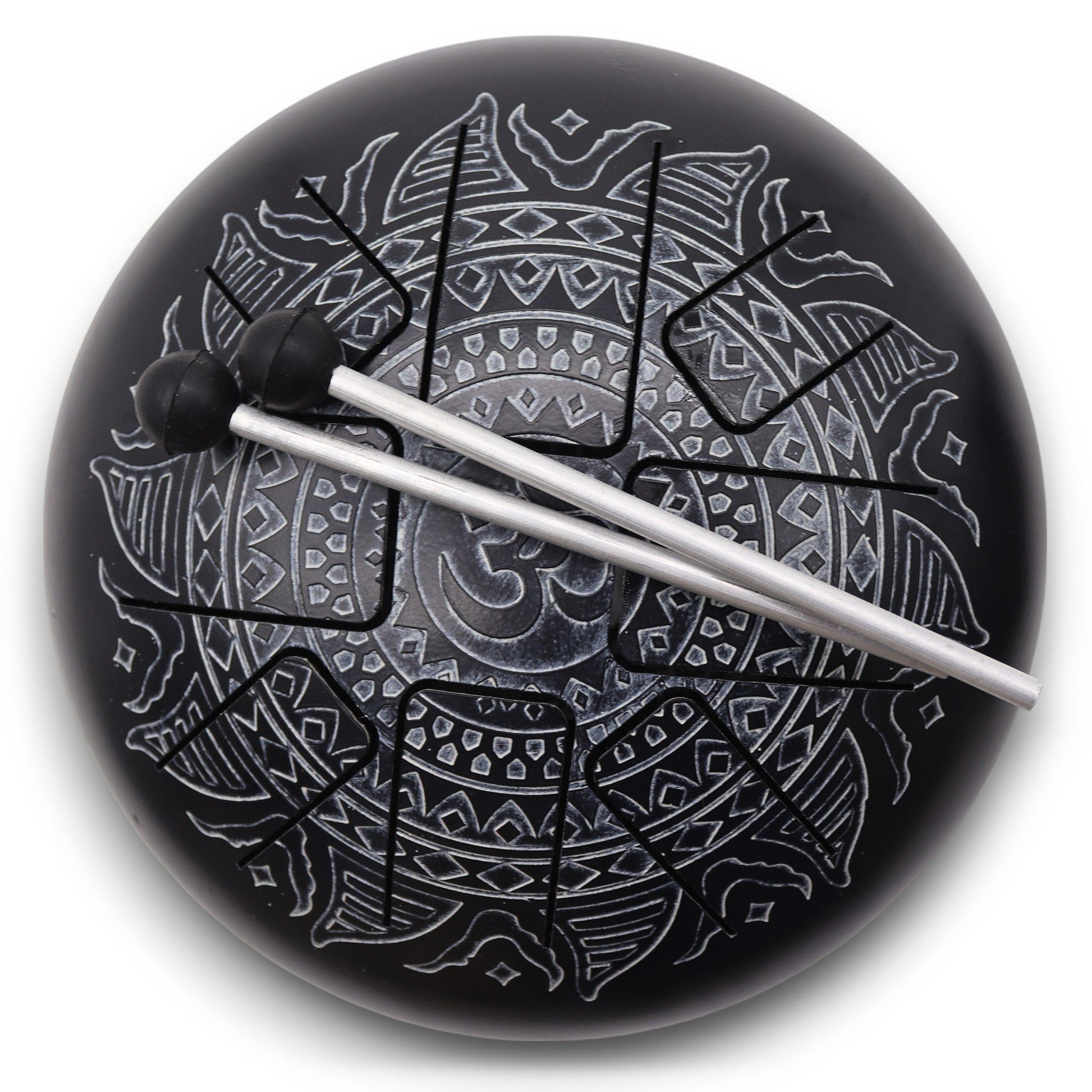 Circular steel hapi drum with an intricate Om Mandala design engraved on the surface in a metallic finish.