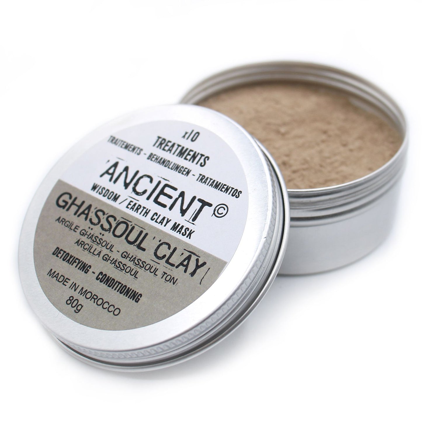 Fine textured natural Moroccan Ghassoul clay powder for facial masks in a clear 80g container.