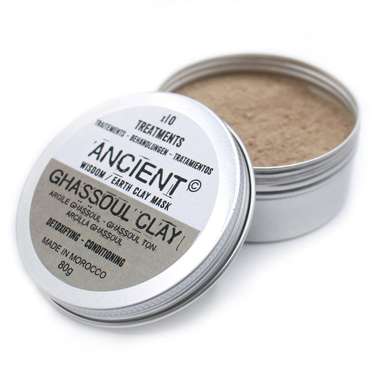 Fine textured natural Moroccan Ghassoul clay powder for facial masks in a clear 80g container.