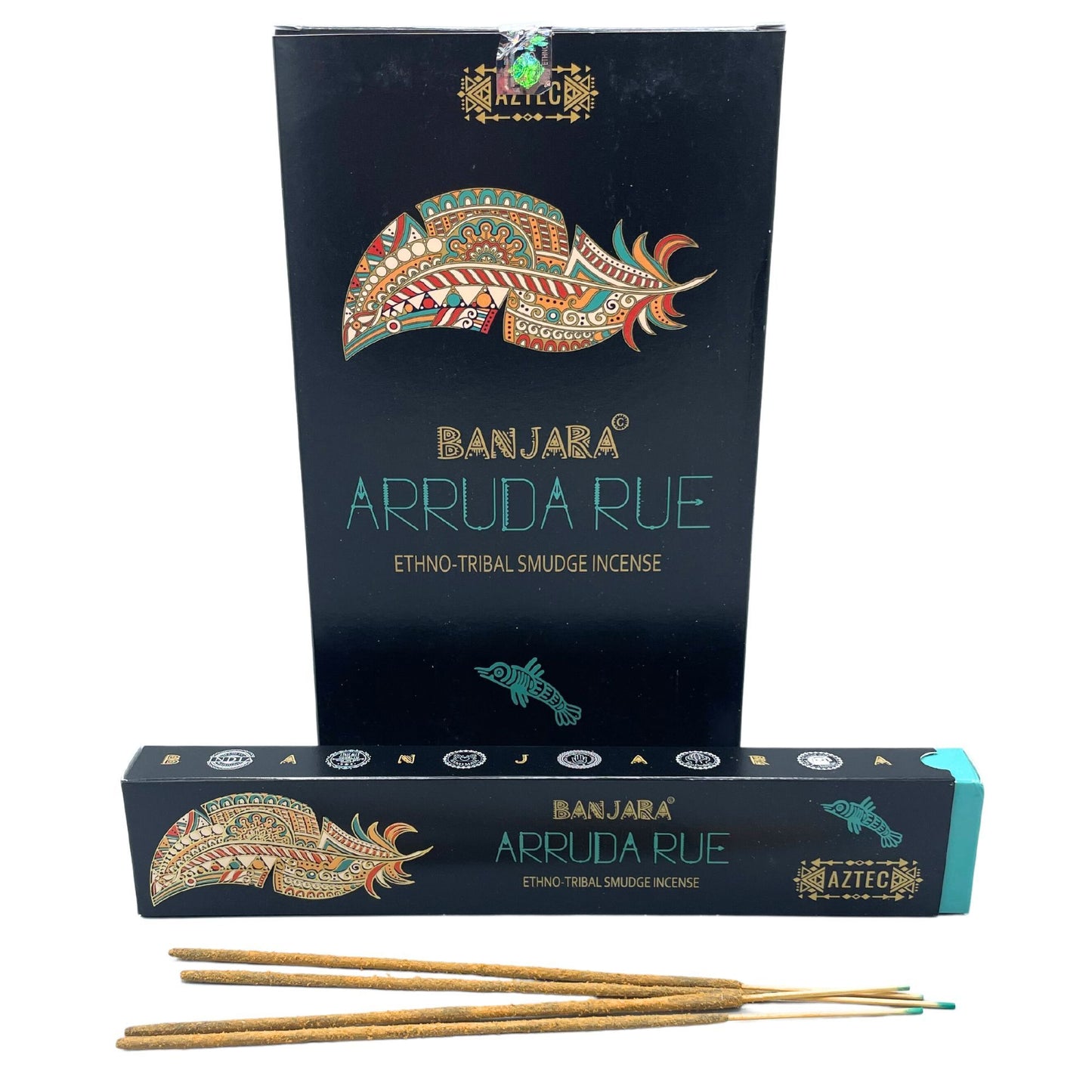 Handcrafted incense sticks in a decorative packet with tribal artwork and white floral details.