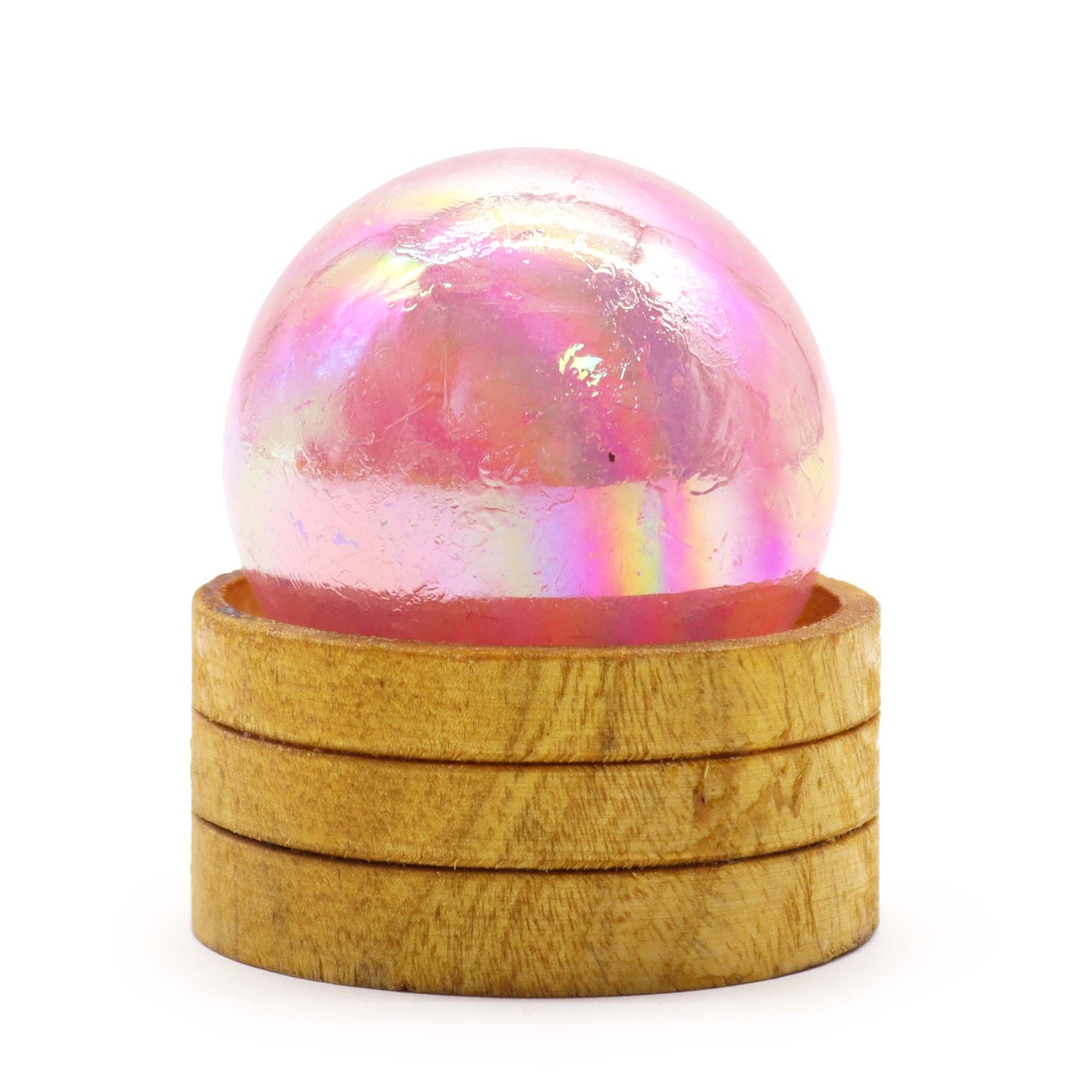 Iridescent pink 50mm gemstone sphere with a shimmering titanium aura finish resting on a small display stand.