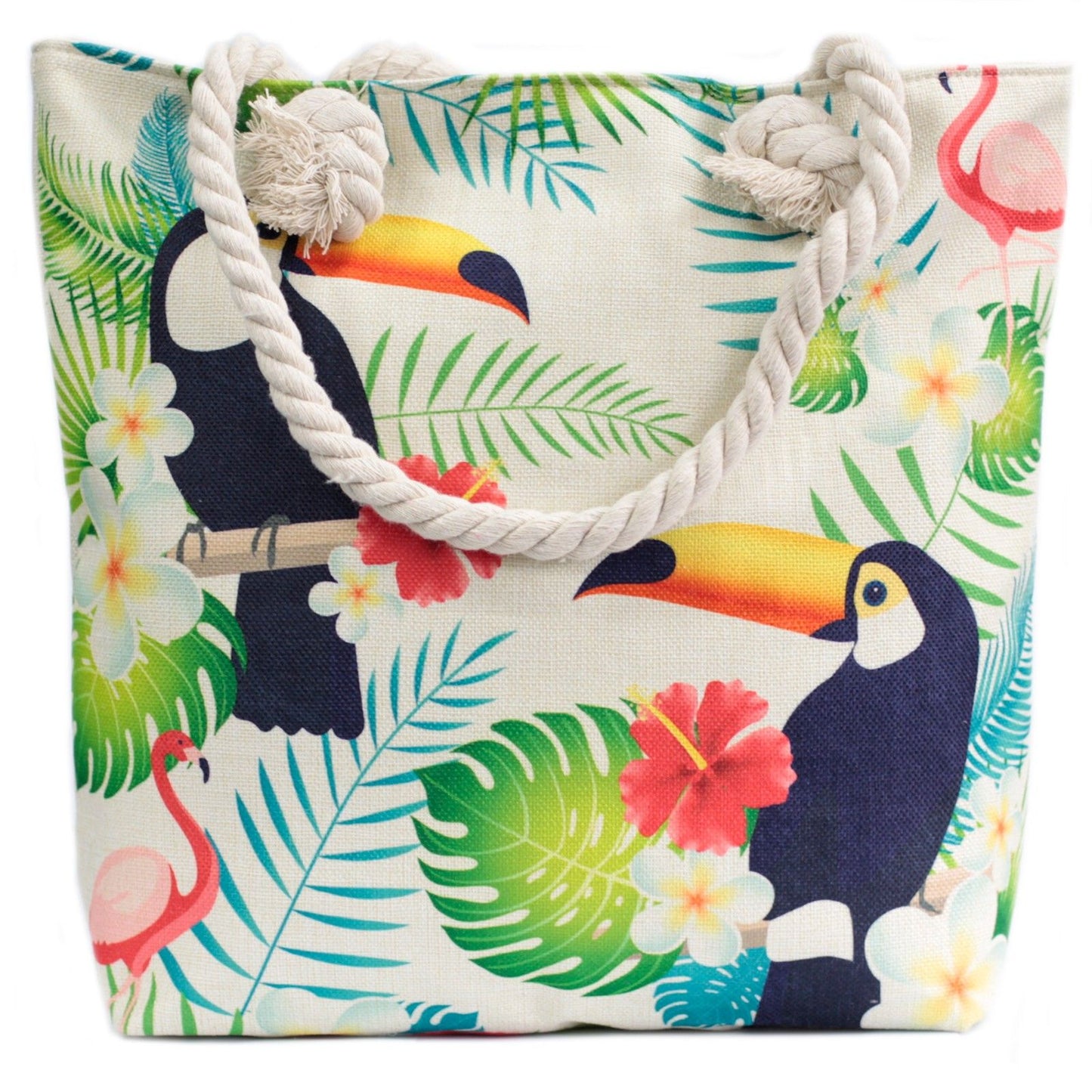 Woven style canvas tote bag featuring a tropical toucan design in green and beige with thick white rope handles.