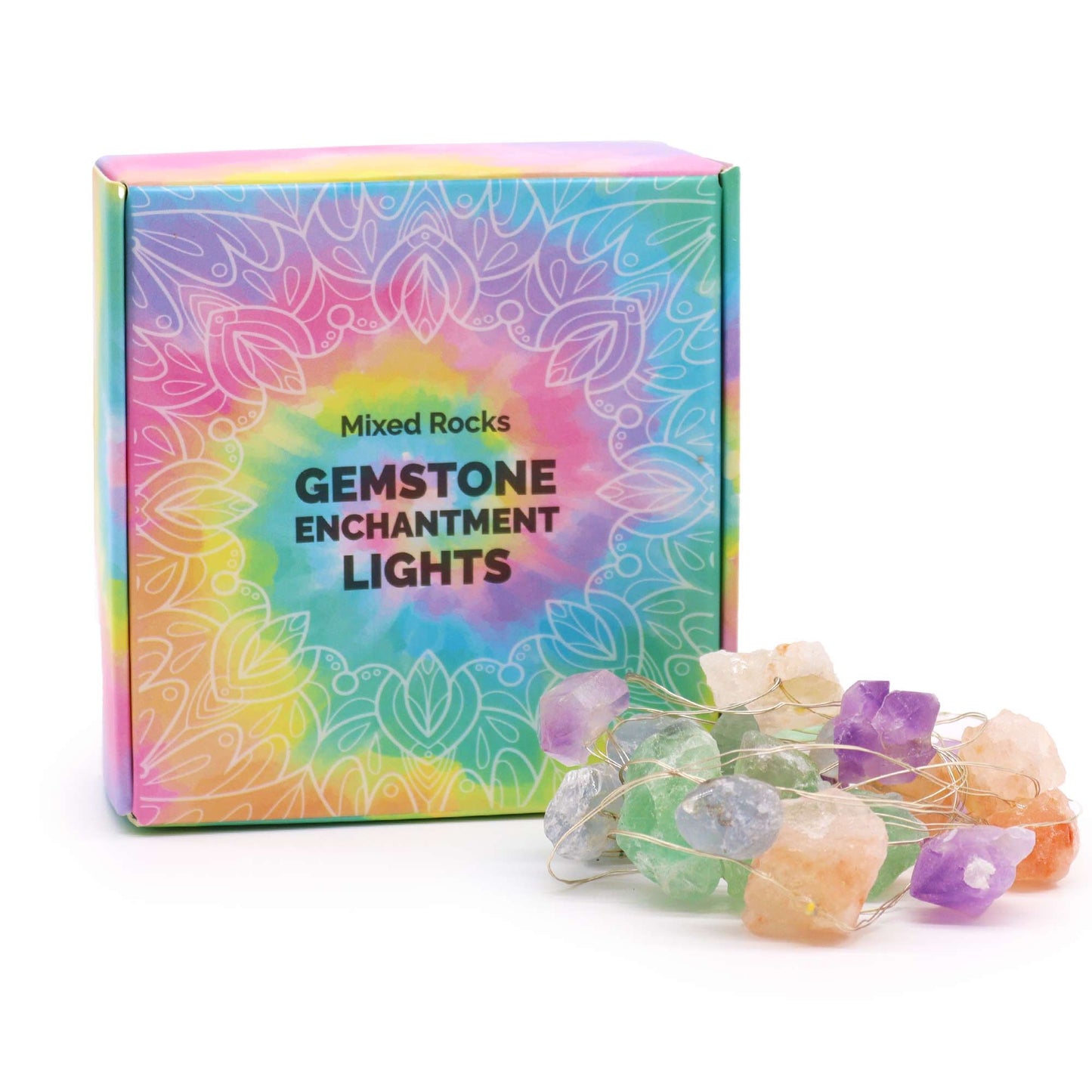 String lights featuring twenty unique raw mixed gemstone rocks emitting a warm and cozy ambient glow in a home setting.
