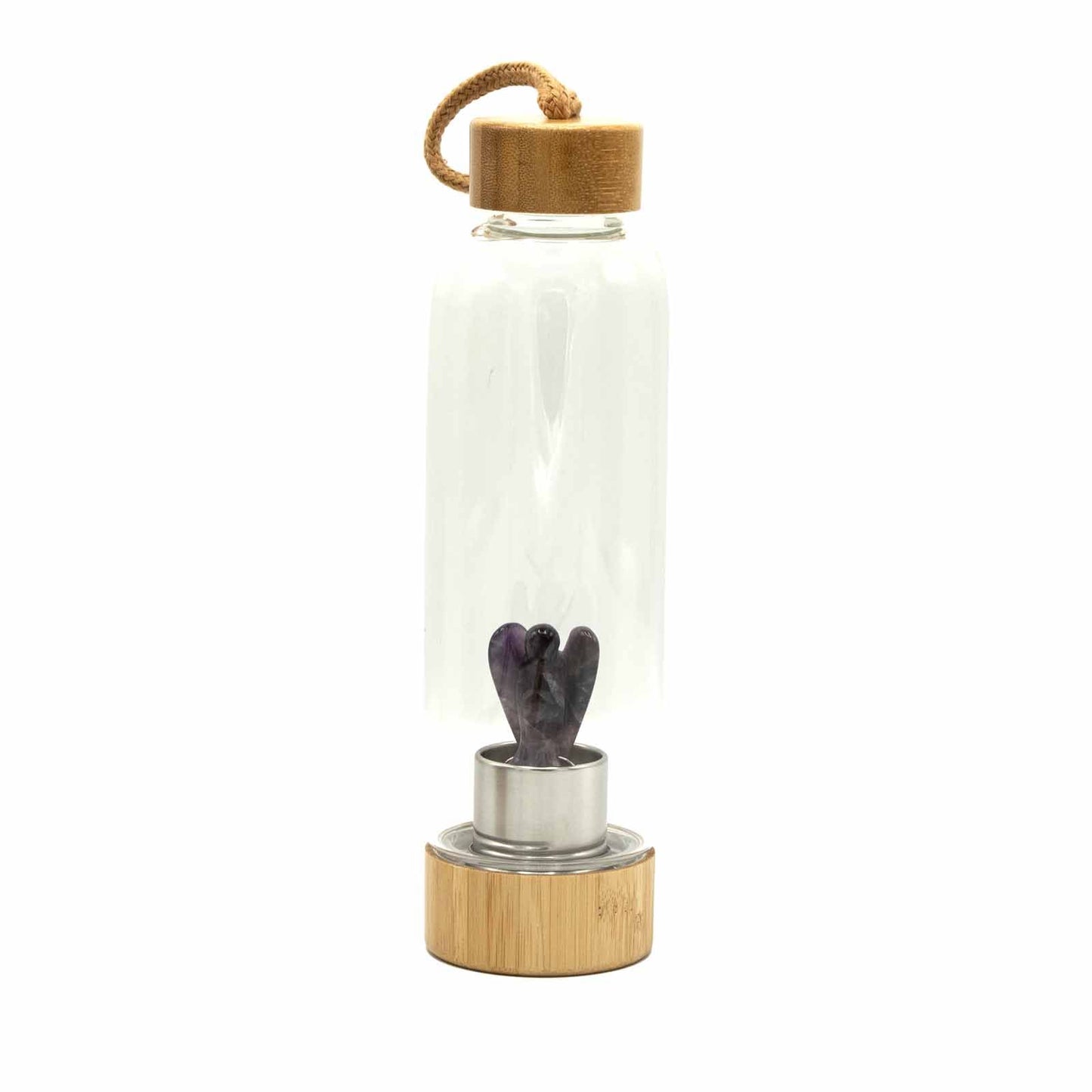 Clear glass water bottle featuring a natural purple amethyst crystal point and a decorative silver angel charm.