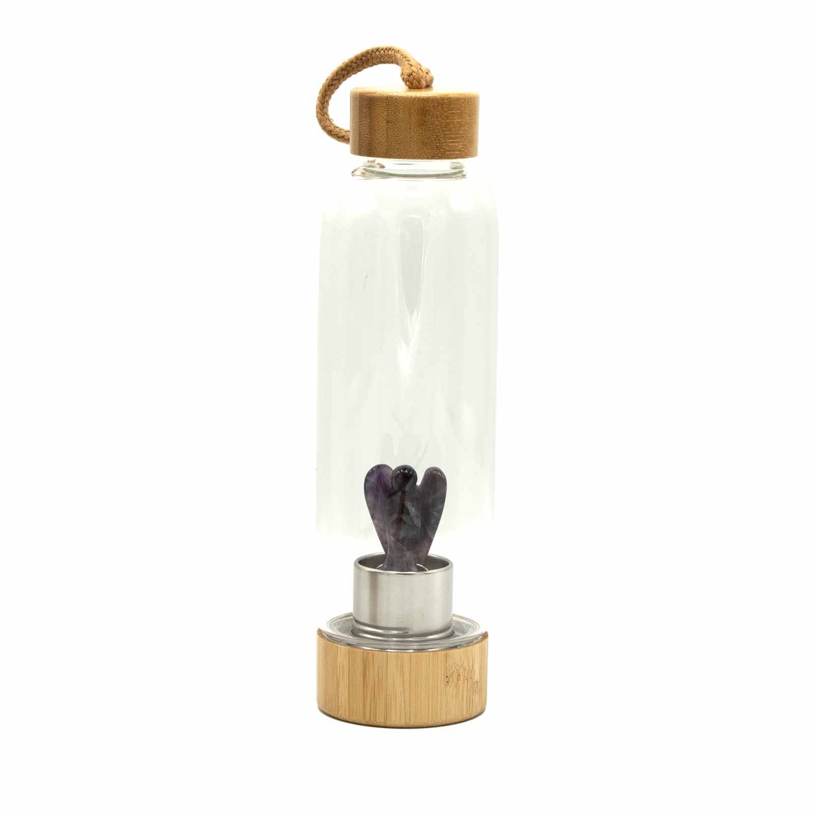 Clear glass water bottle featuring a natural purple amethyst crystal point and a decorative silver angel charm.