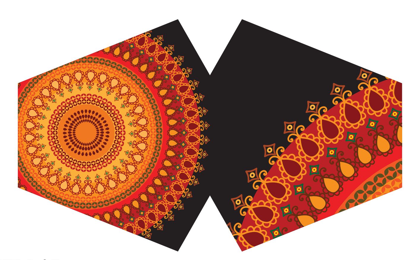 Adult-sized fabric face mask featuring a vibrant orange and white mandala pattern on a breathable poly-cotton material.