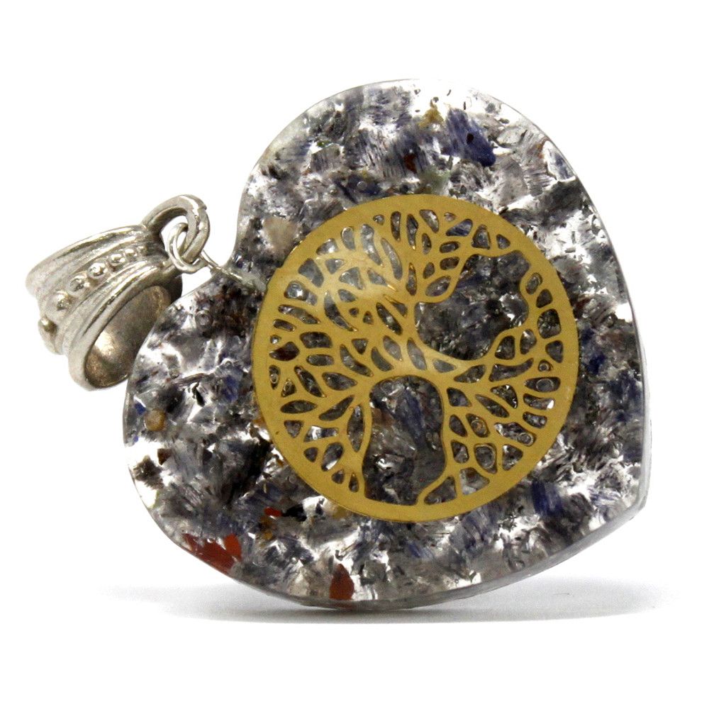Heart-shaped orgonite pendant featuring a Tree of Life symbol over natural gemstone chips and copper filings.