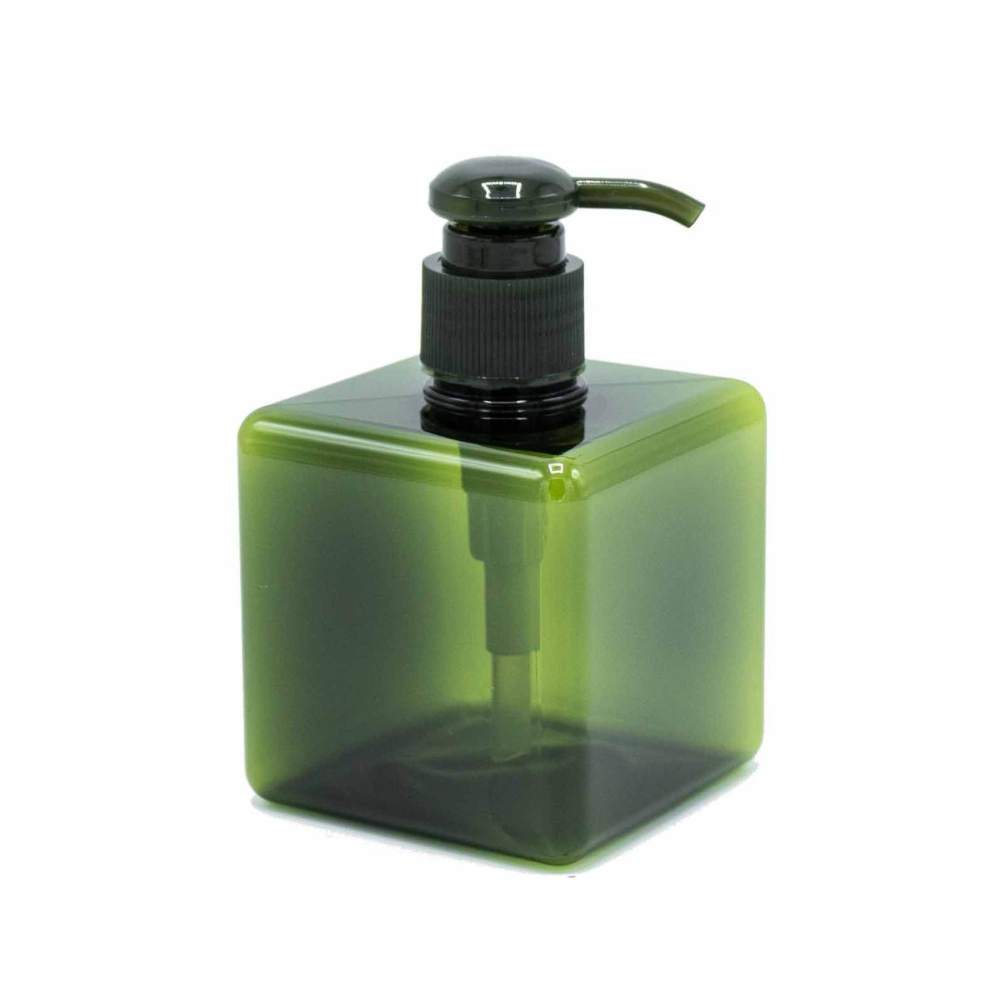 Elegant squat reusable dispenser bottle in a lush green hue with a sleek pump top.