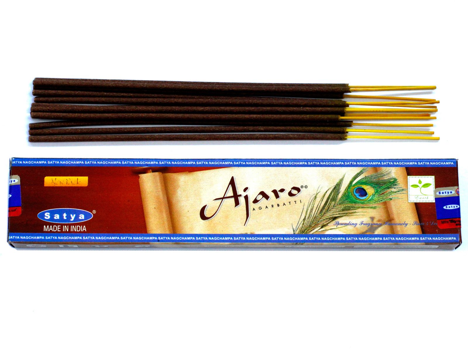Hand-rolled incense sticks with natural extracts in a decorative blue and yellow branded box.