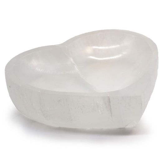 Large heart-shaped white selenite bowl with a smooth, translucent finish and natural crystalline texture.