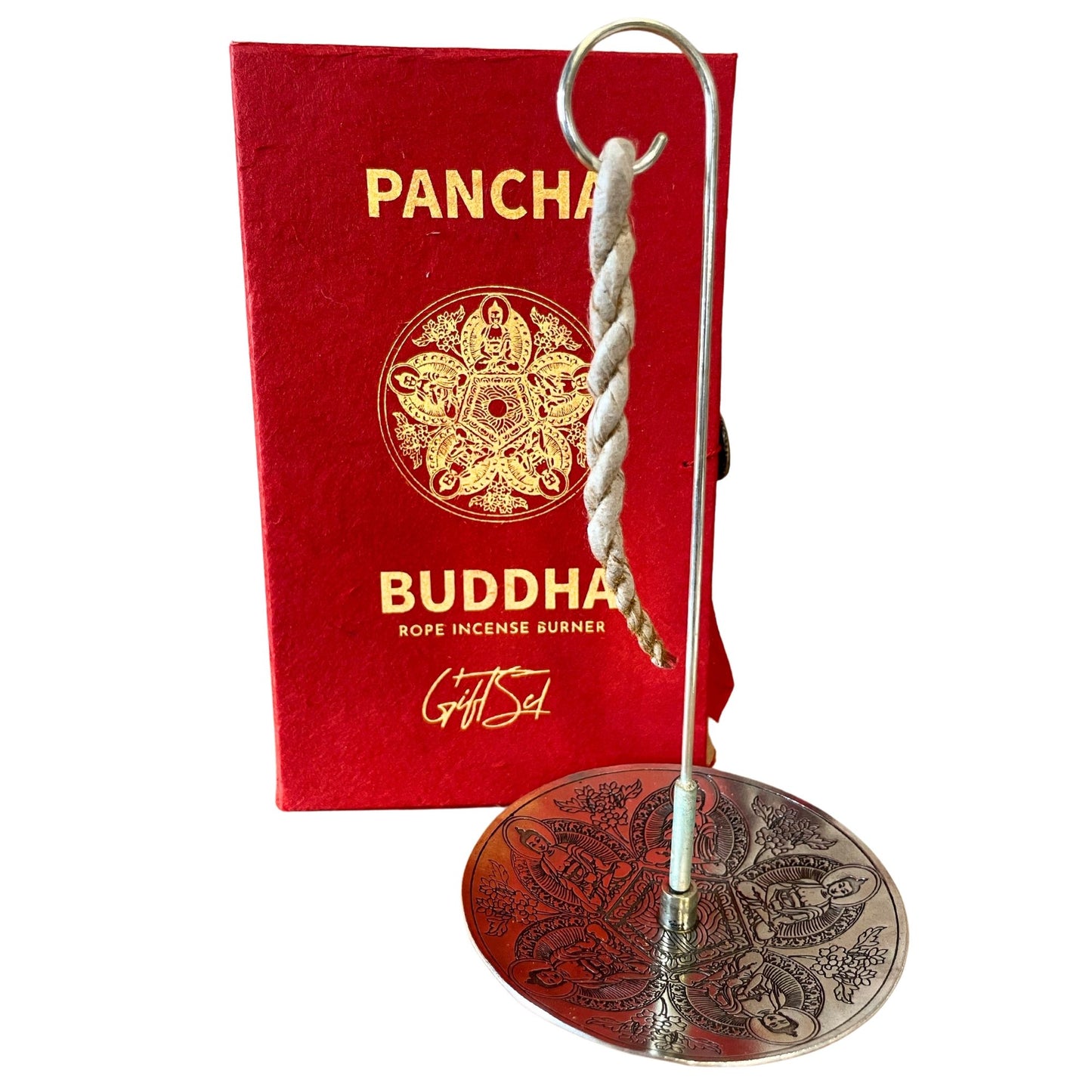 Hand-rolled rope incense bundle paired with an ornate silver-plated holder featuring a Pancha Buddha design.