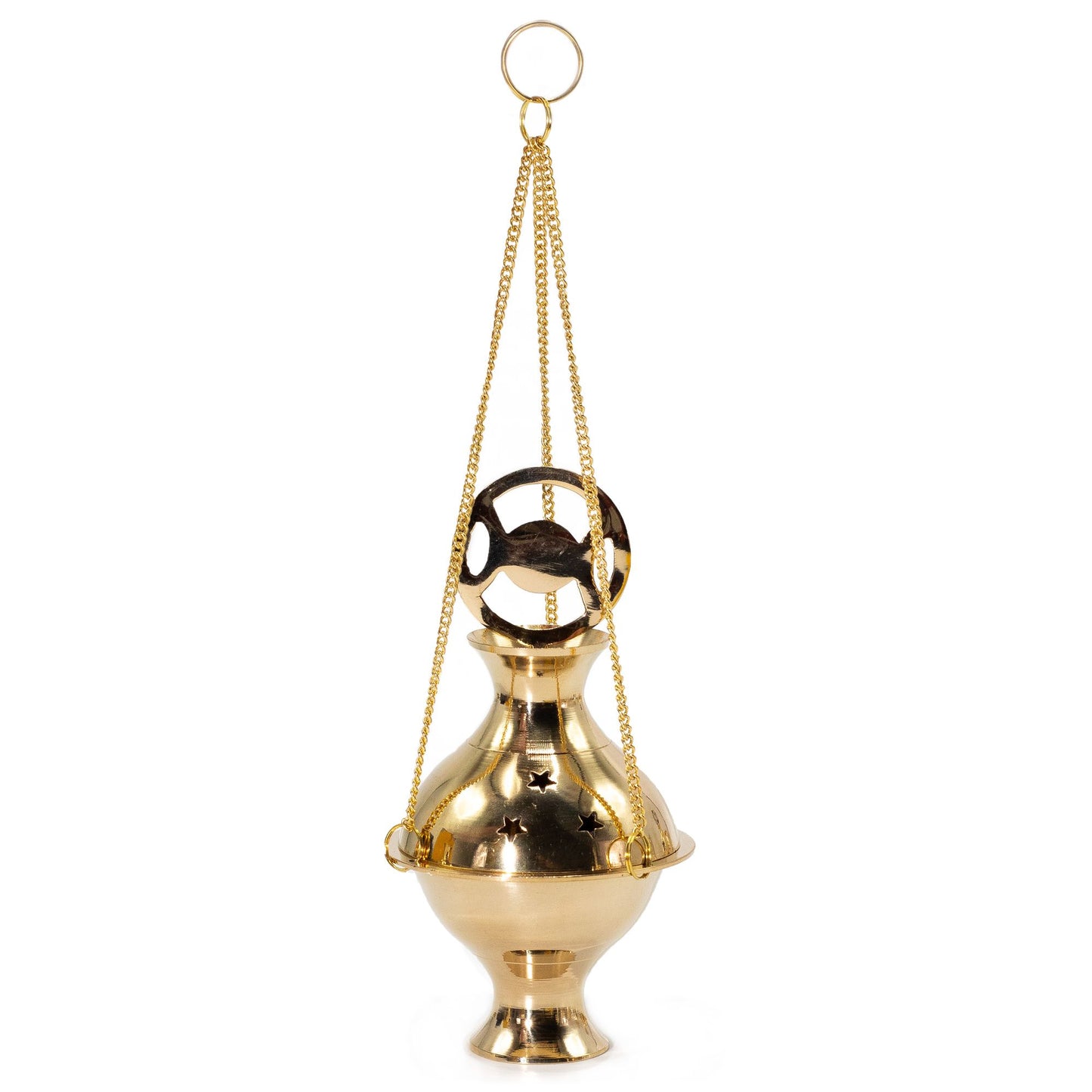 Ornate golden brass hanging incense burner with star cutouts and a triple moon symbol on the lid.