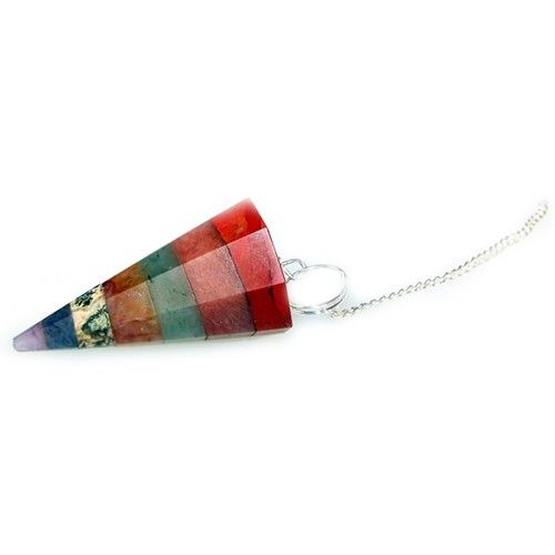 Unique seven-slice crystal pendulum featuring multi-coloured gemstones on a silver chain with a decorative bead.
