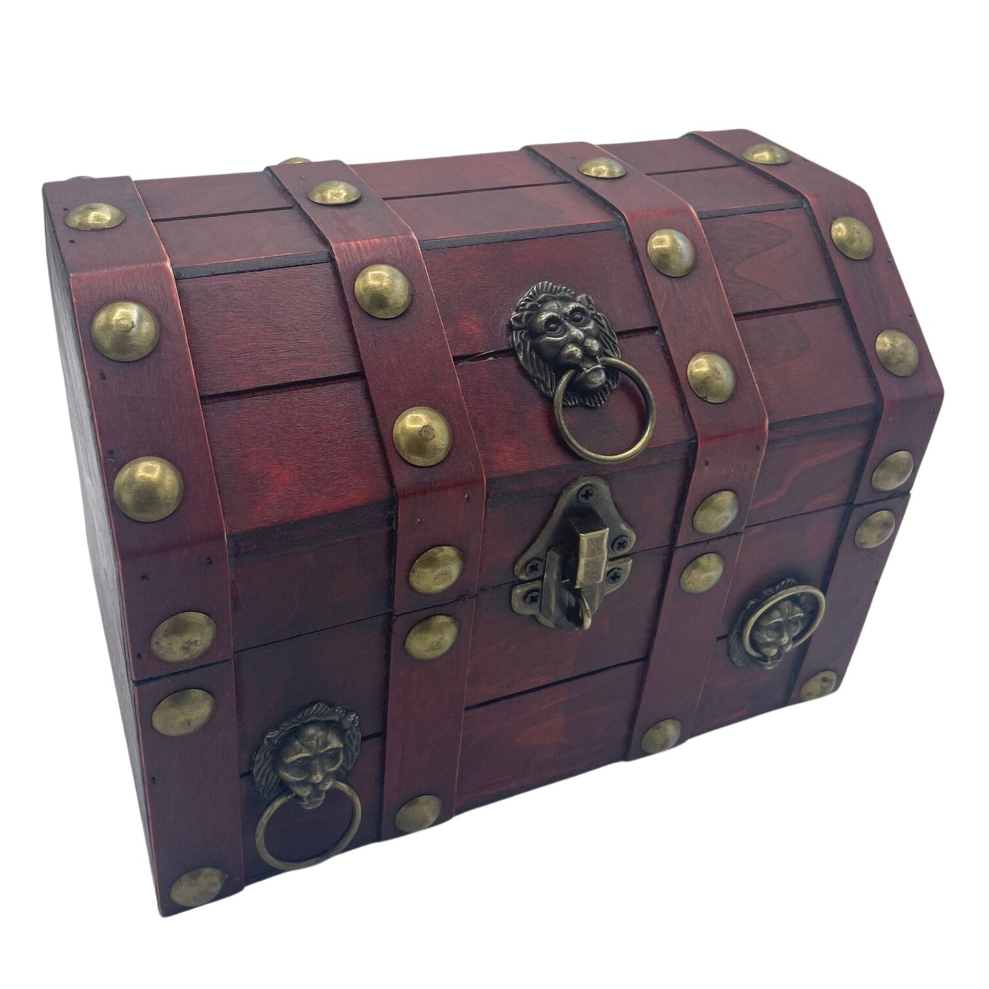 Large vintage style wooden treasure chest in a tan finish with ornate metal hardware and a classic curved lid.