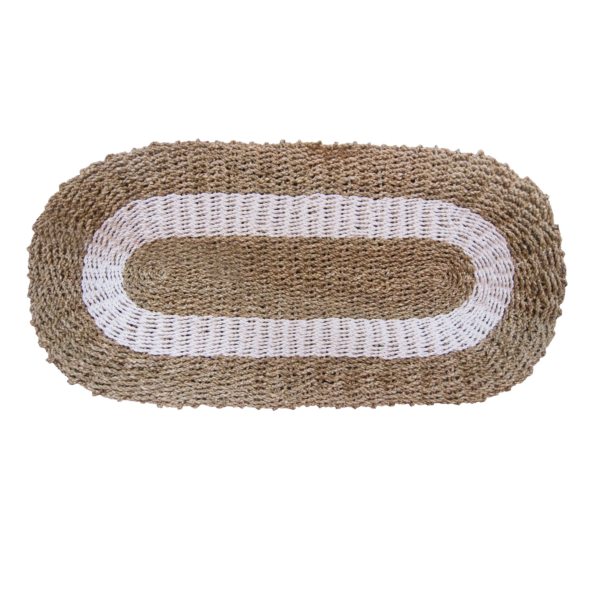 Oval-shaped woven seagrass rug featuring a natural tan centre and a clean white border.