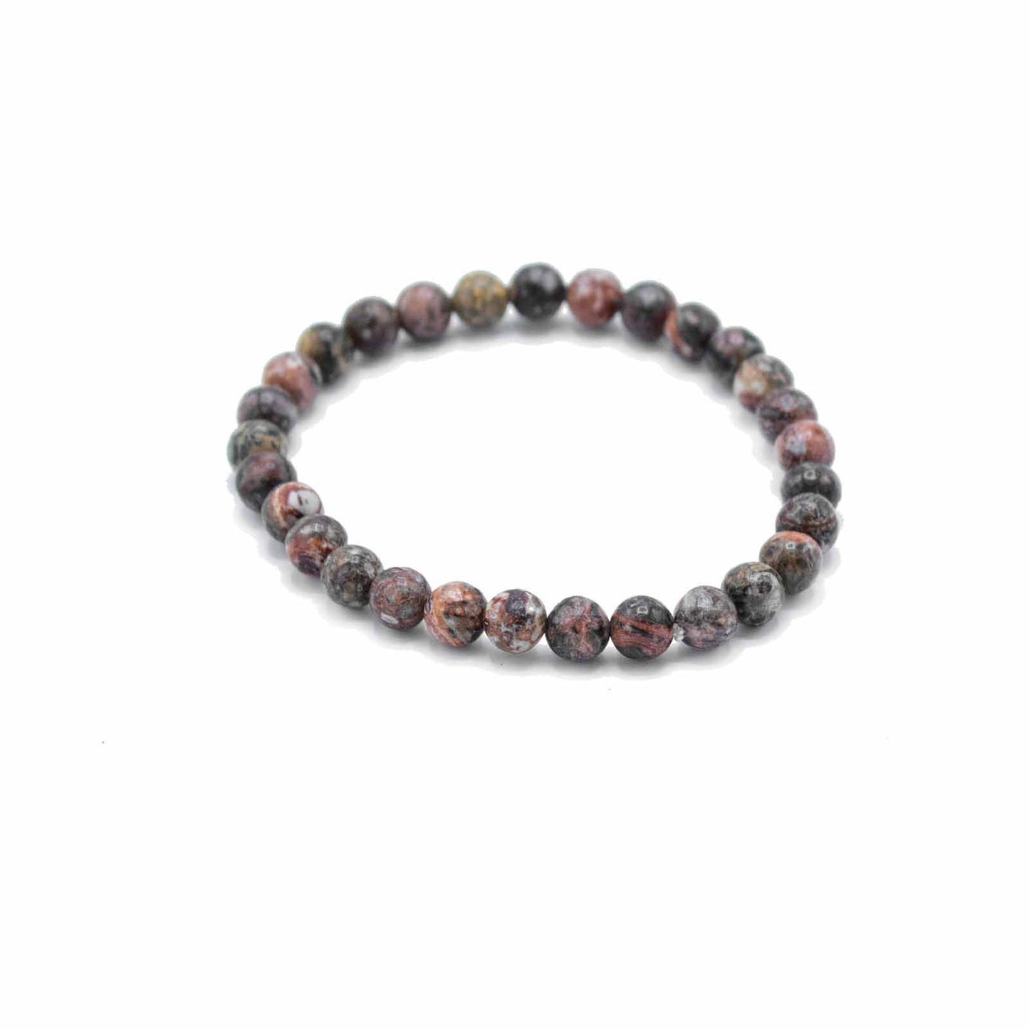 Gemstone manifestation bracelet featuring earthy spotted leopard skin jasper beads on an elasticated cord.