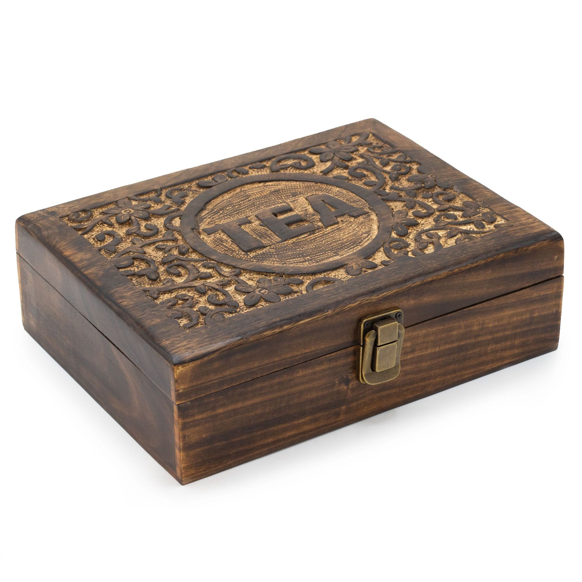 Handcrafted mango wood tea storage box featuring a decorative carved floral lid and twelve internal compartments.