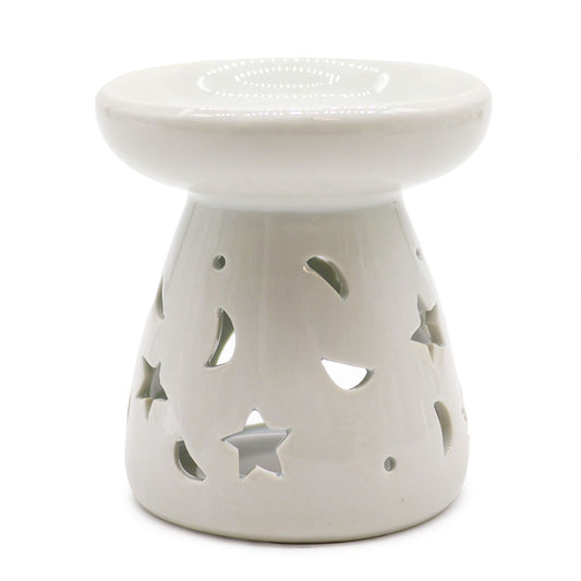Large classic white ceramic oil burner with decorative moon and star cut-outs and a smooth finish.