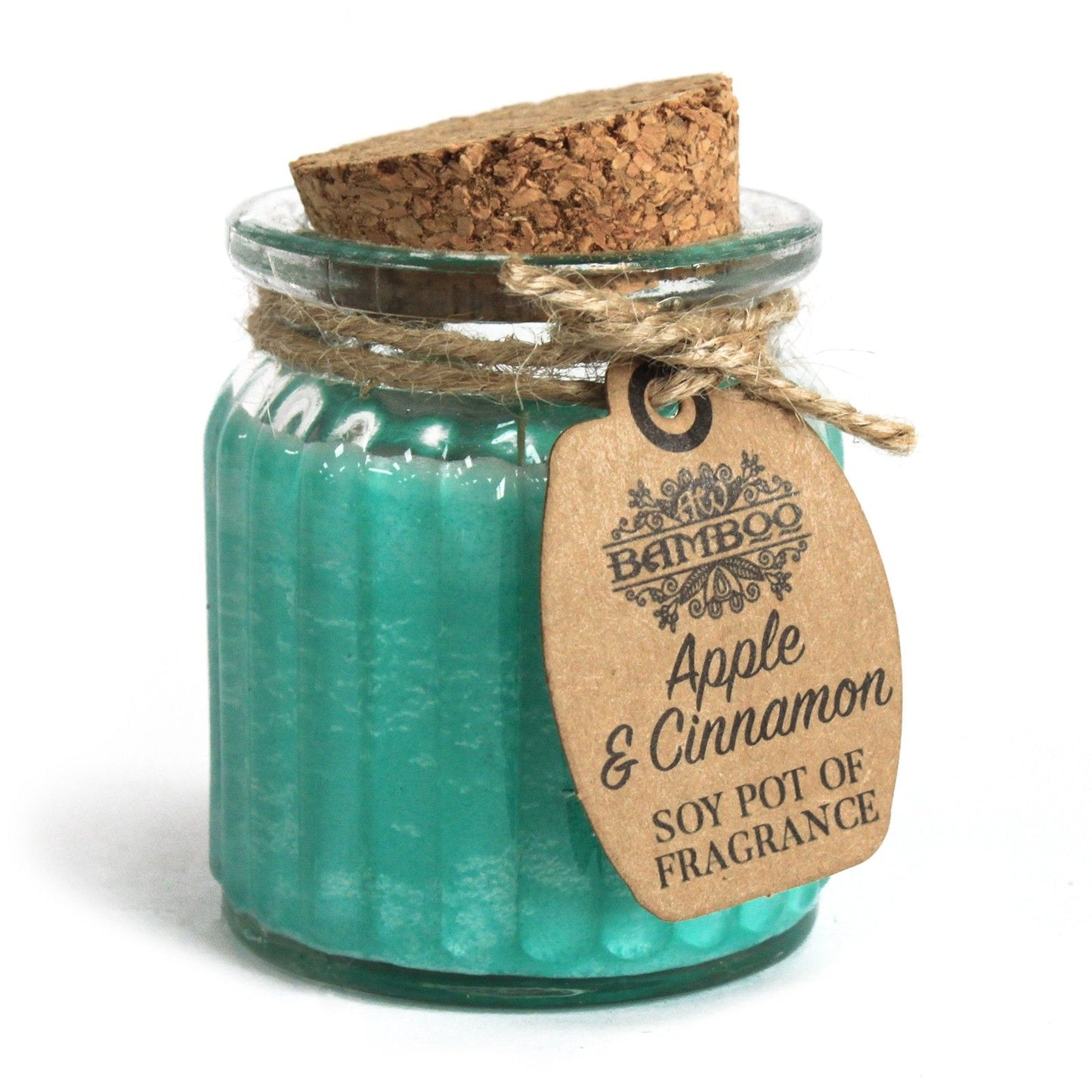 Small rustic glass jar filled with white soy wax and a single wick, featuring a simple brown paper label.