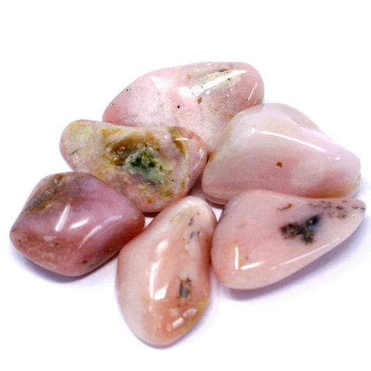Collection of smooth, polished Peruvian Opal tumble stones in varying shades of soft blue and earthy green.
