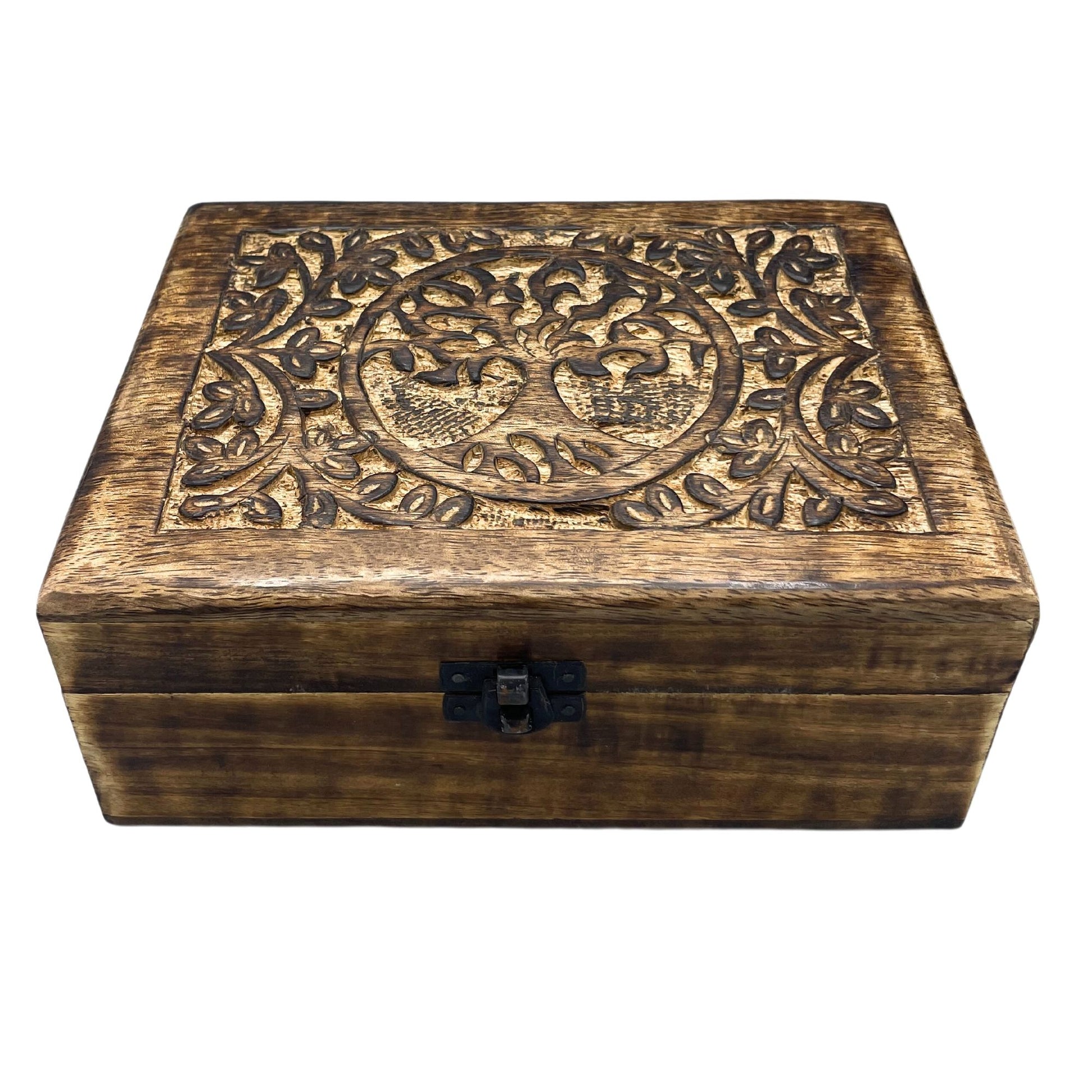 Hand-carved wooden keepsake box featuring a detailed Tree of Life design on the lid.
