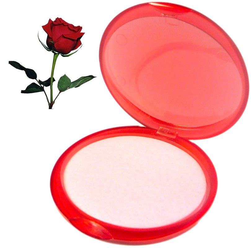Delicate pink rose scented paper soaps in a compact portable travel container.