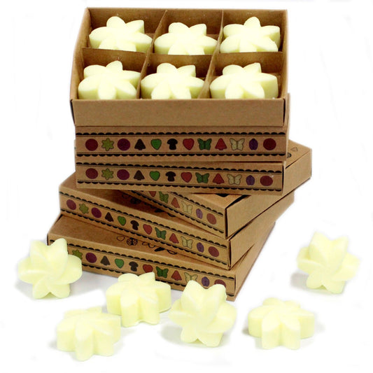 Six rectangular yellow soy wax melts neatly arranged inside a small matchbox style cardboard package.