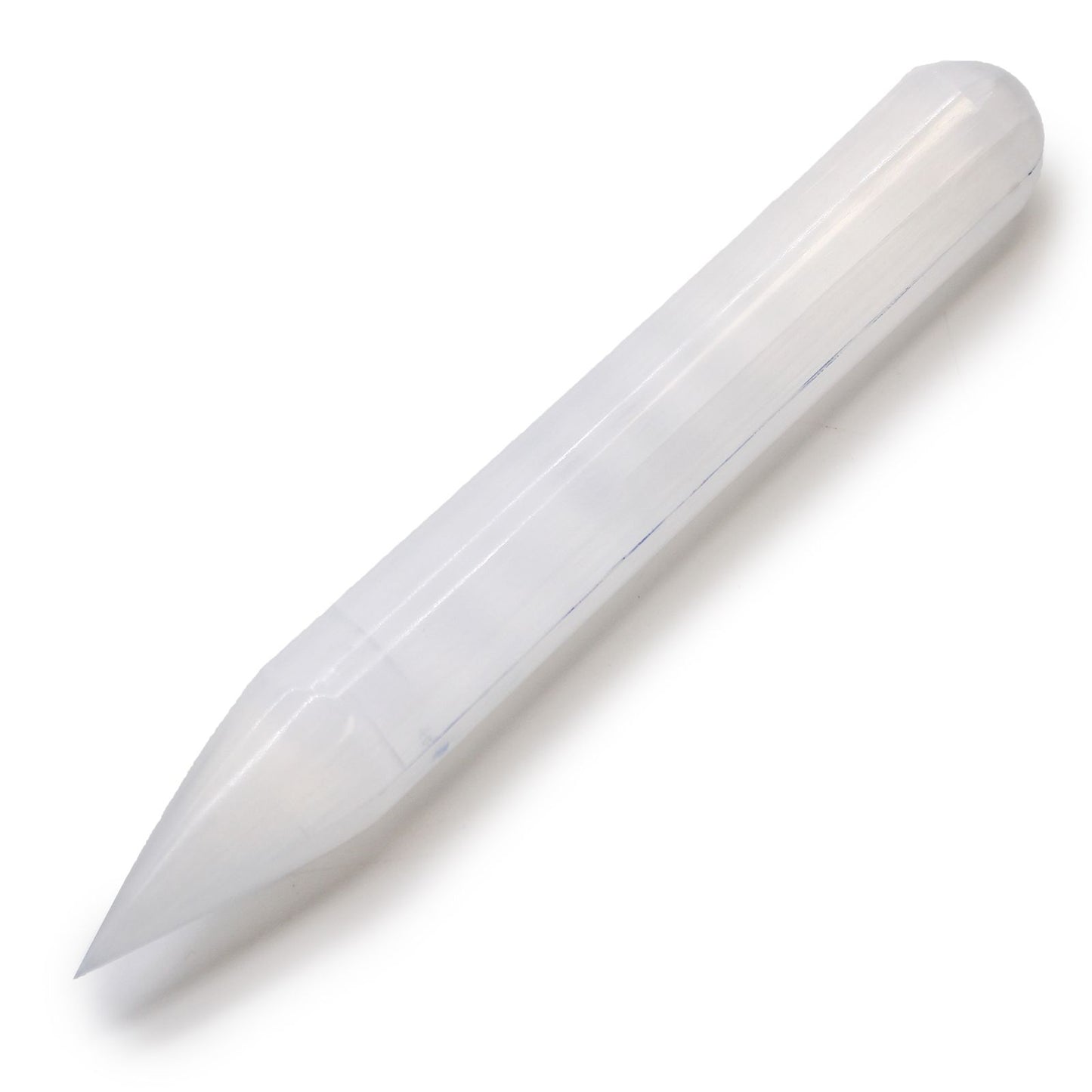 Long translucent white selenite crystal wand with a natural fibrous texture and one pointed end.