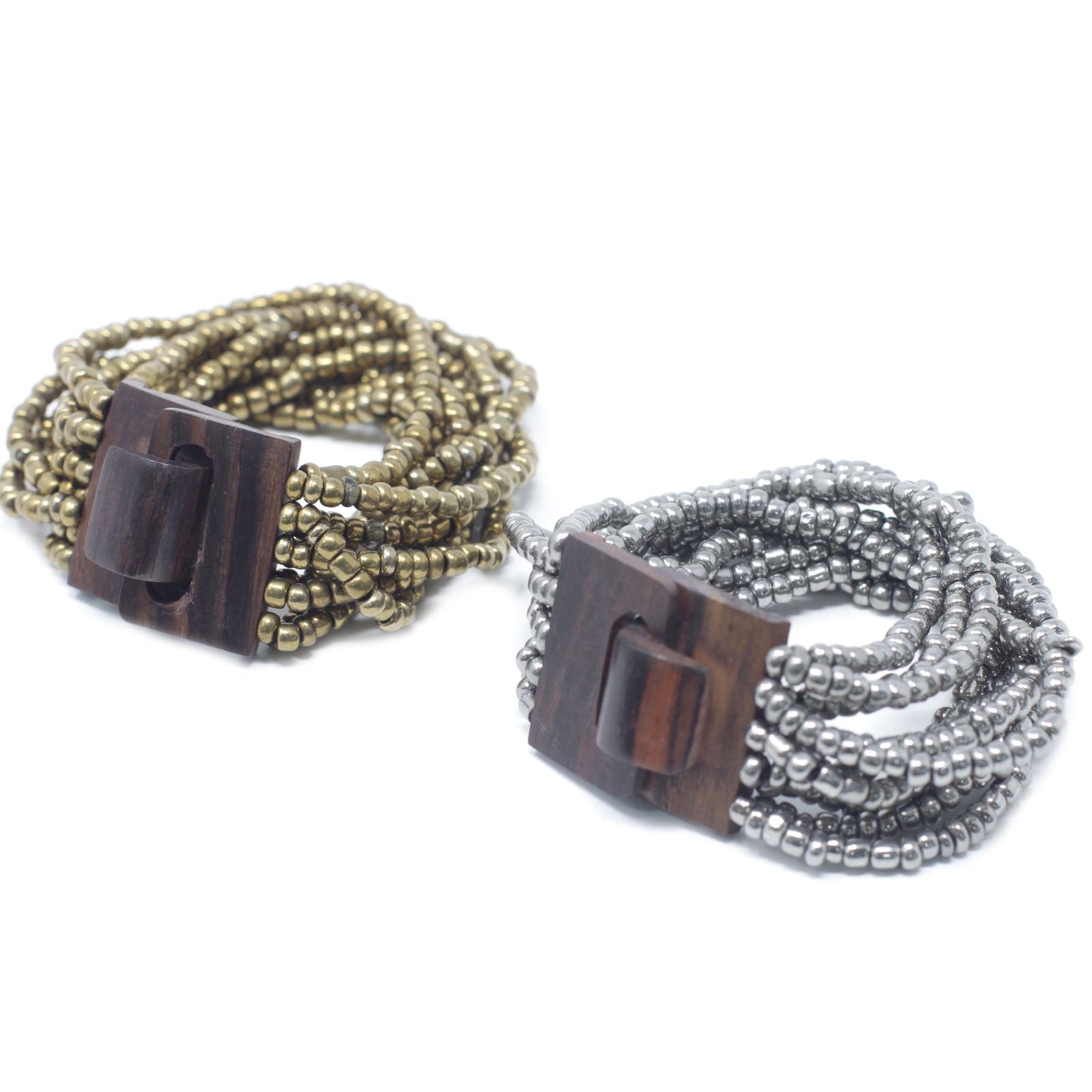 Detailed multi-bead bangle featuring assorted gold and bronze beads with a natural wooden clasp on an elasticated band.