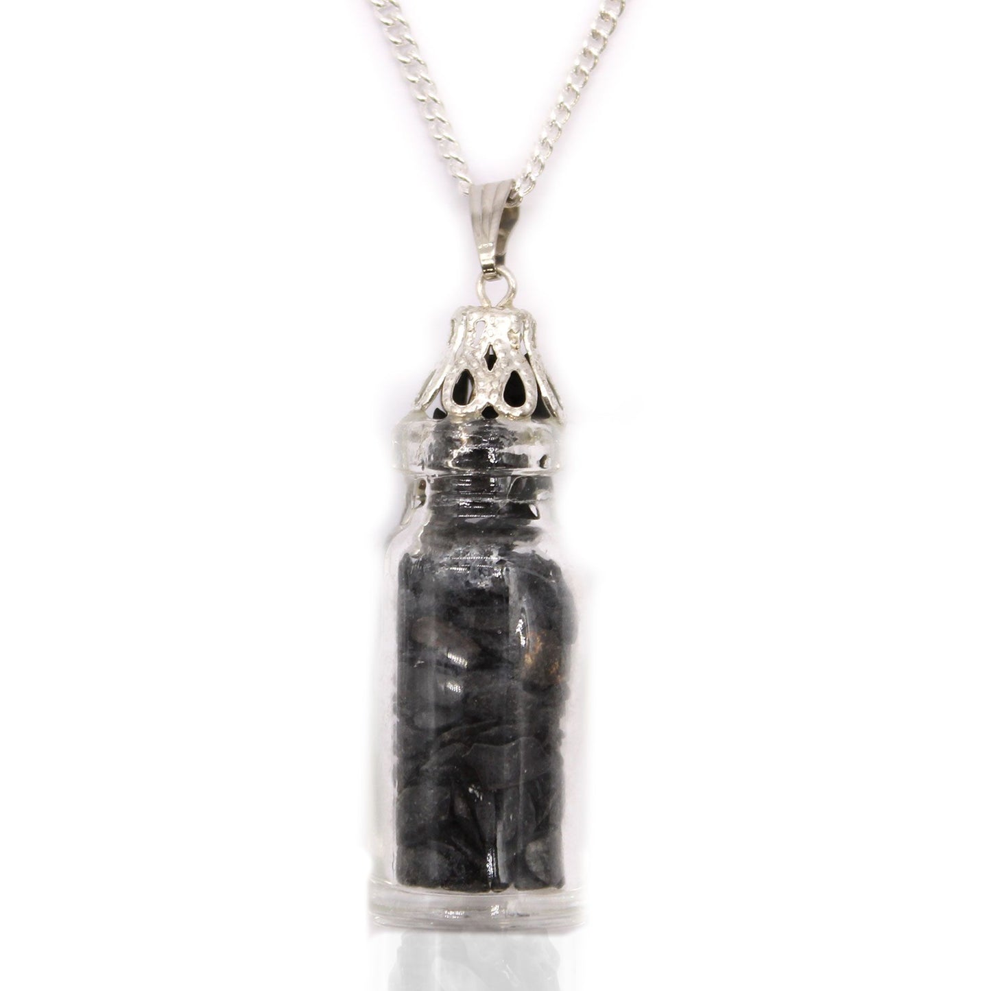 Delicate glass bottle pendant filled with small black onyx gemstones on a silver-coloured chain.