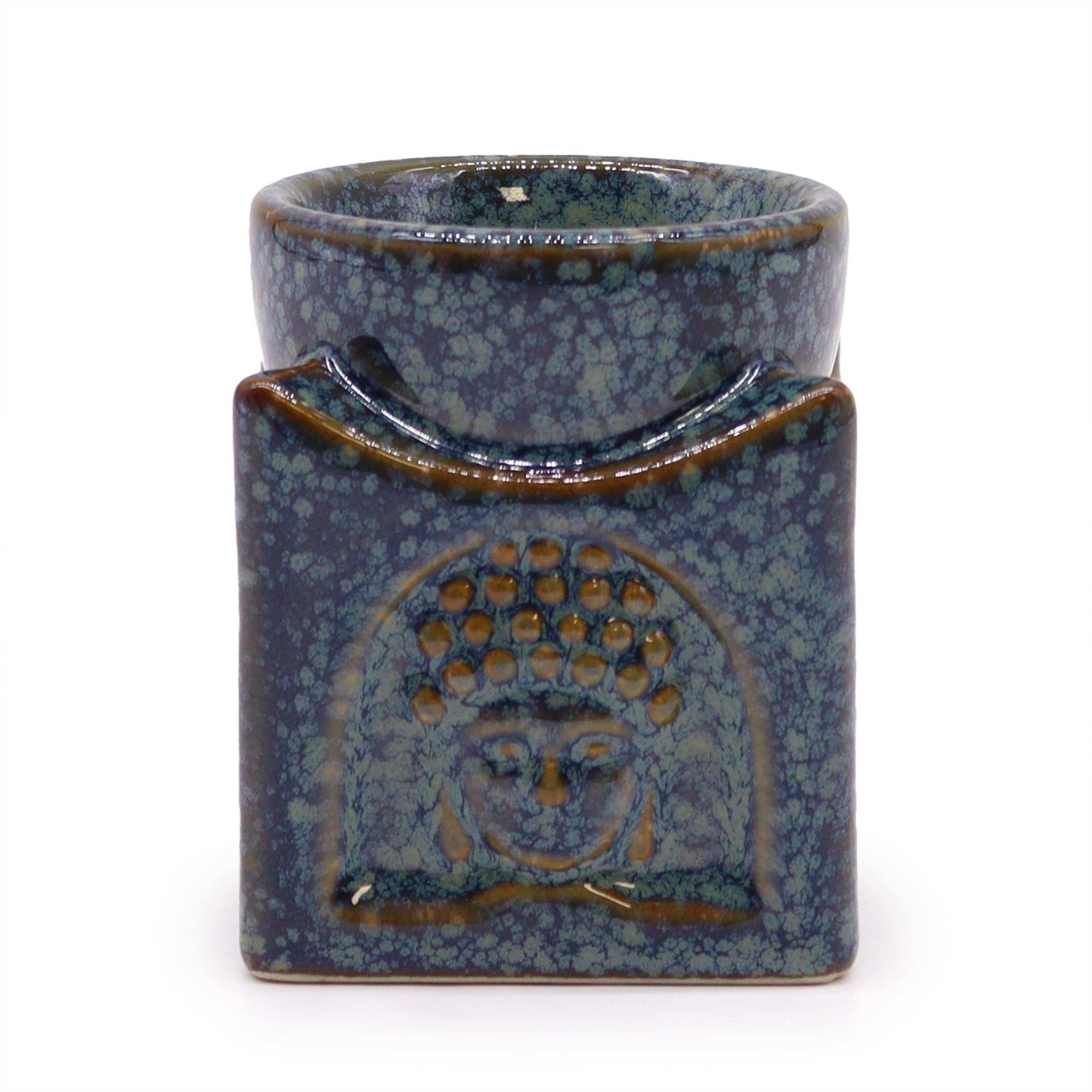 Square ceramic oil burner in dusty blue featuring a peaceful Buddha face design on the front.