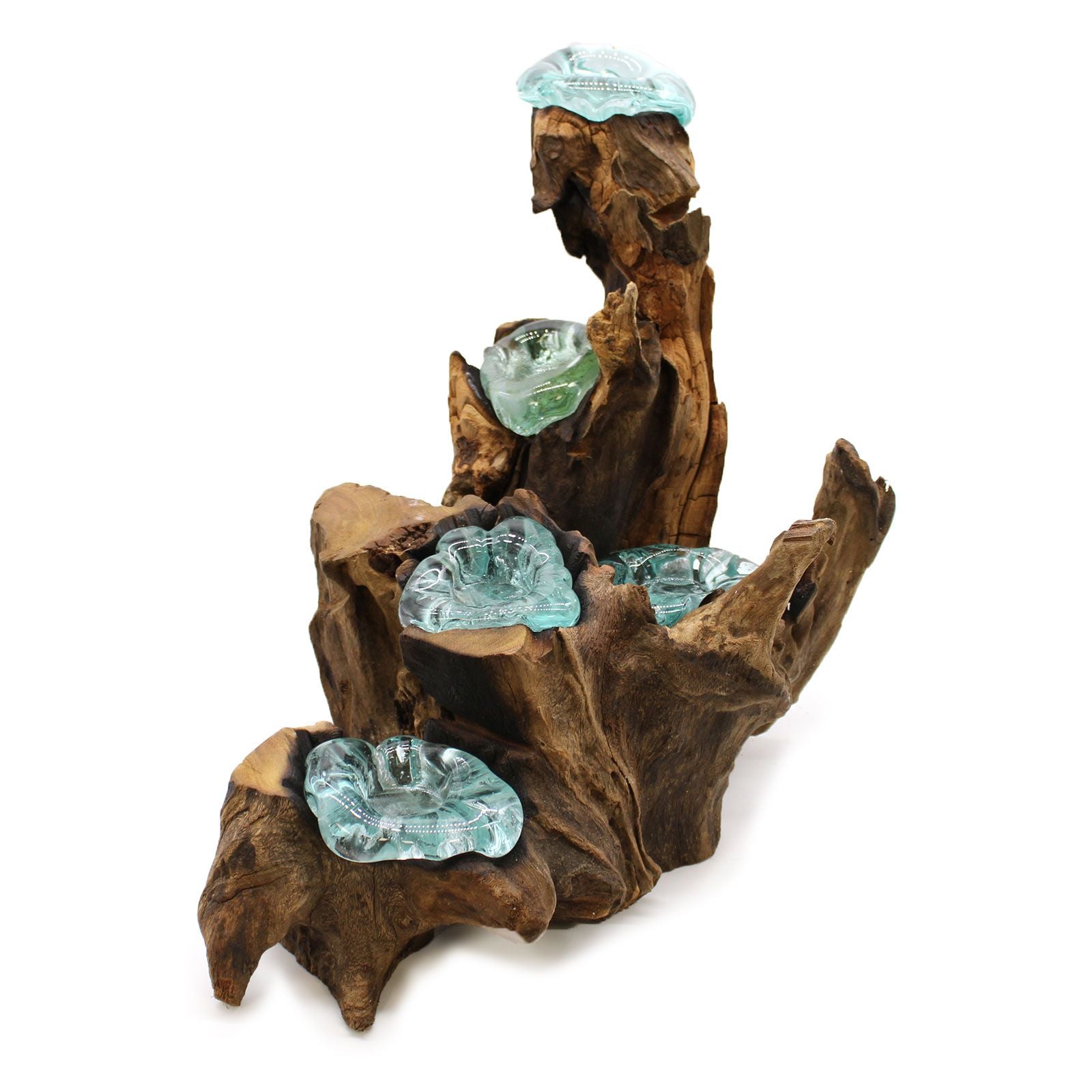 Five hand-blown molten glass candle holders slumped over a natural gamal wood root base.