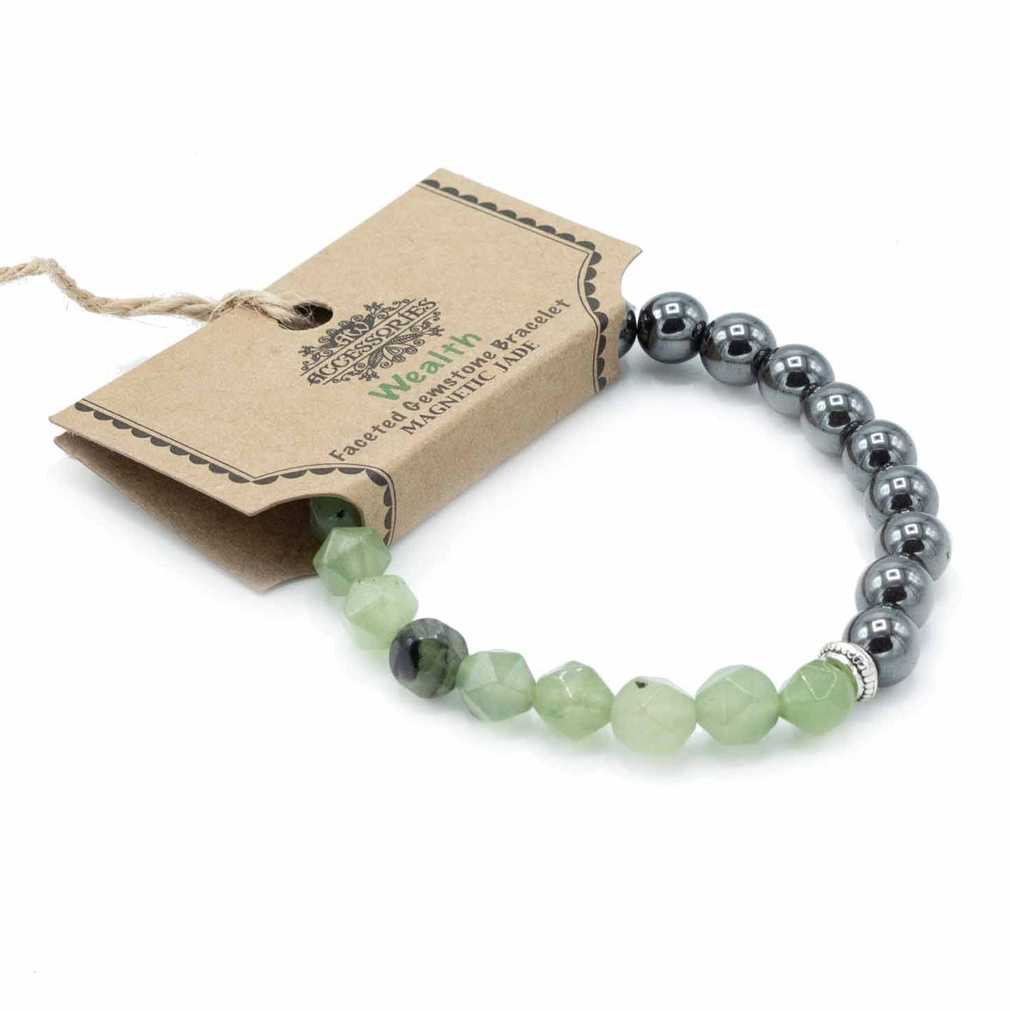 Close up of a sparkling bracelet made from small, polished green faceted magnetic jade gemstone beads.