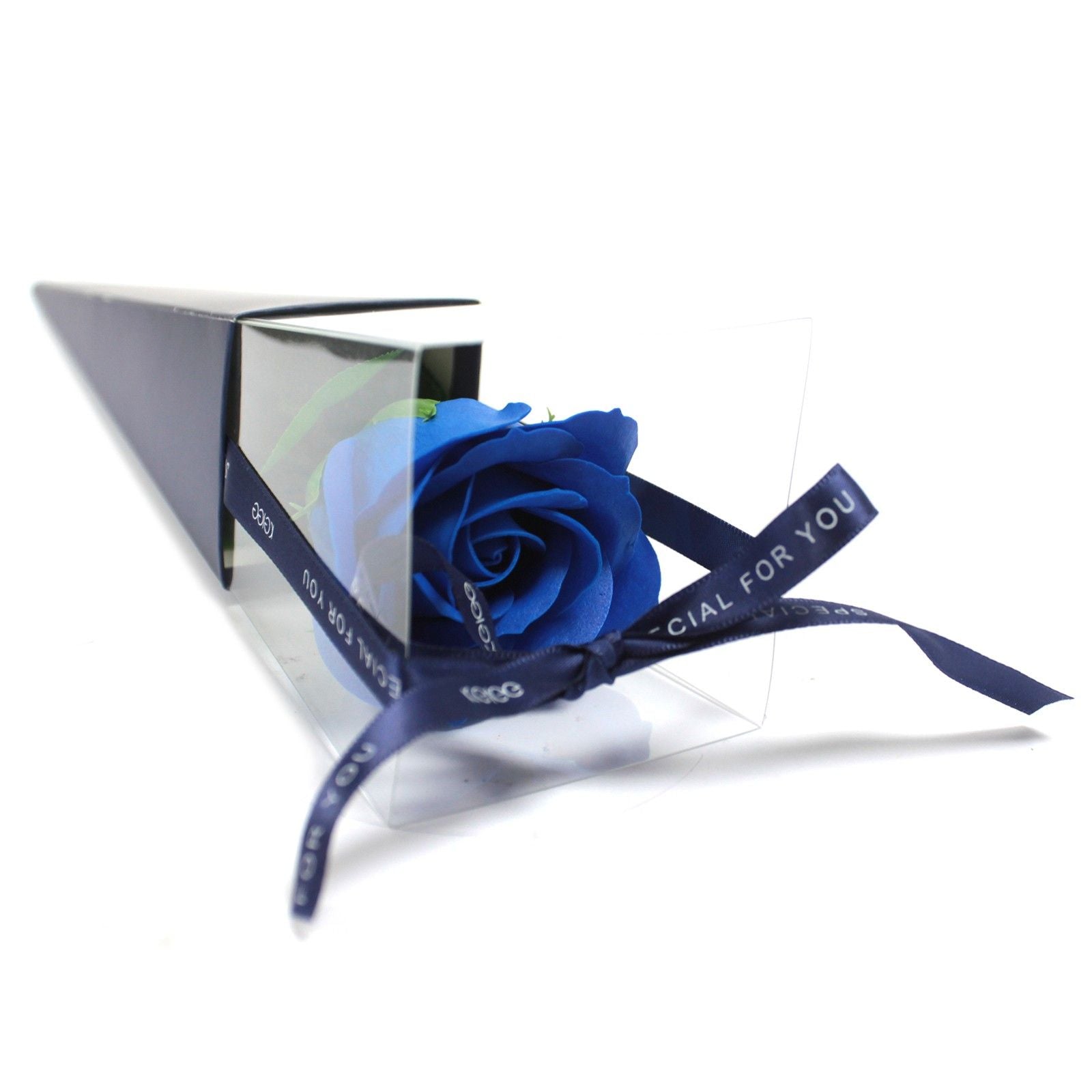 A realistic and elegant single blue soap flower shaped like a rose with delicate petals.