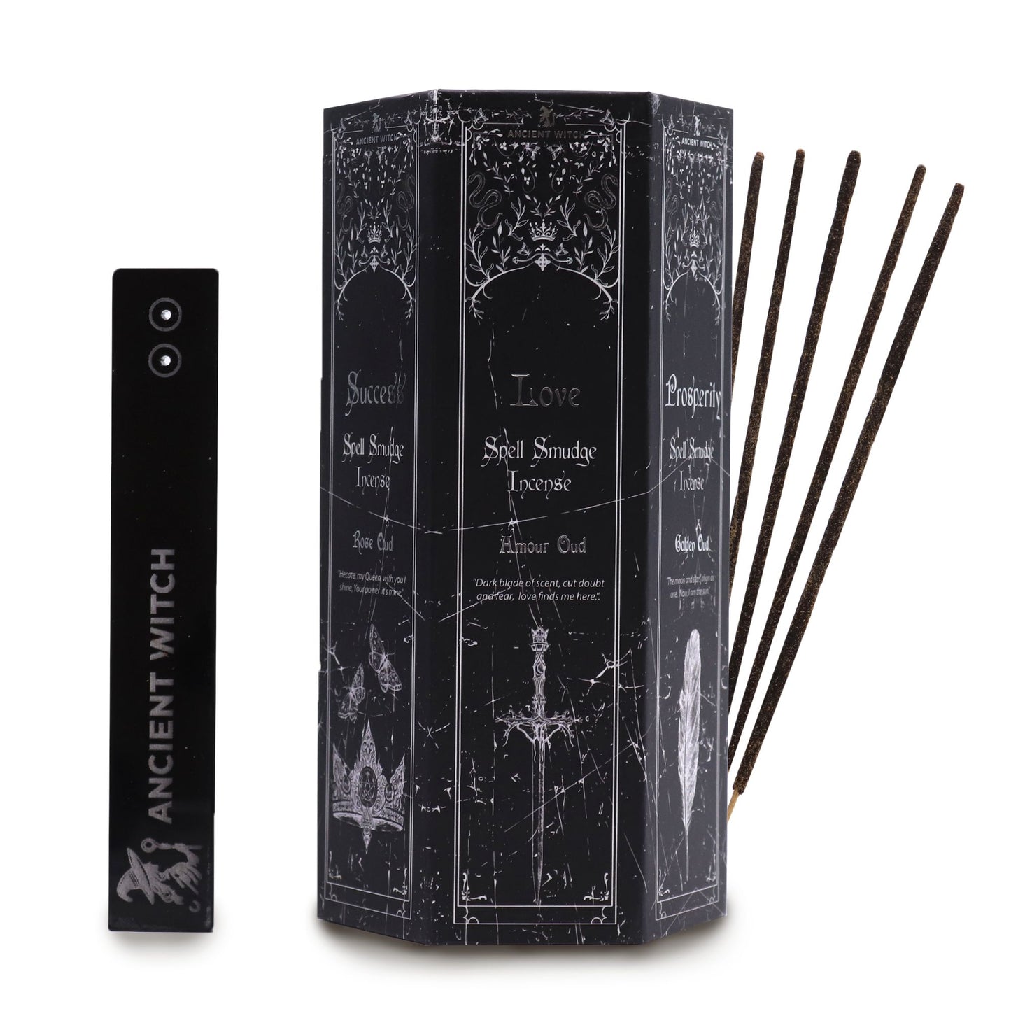Five packs of ritual incense sticks presented in a black pyramid-shaped display box with mystical gold-toned illustrations.