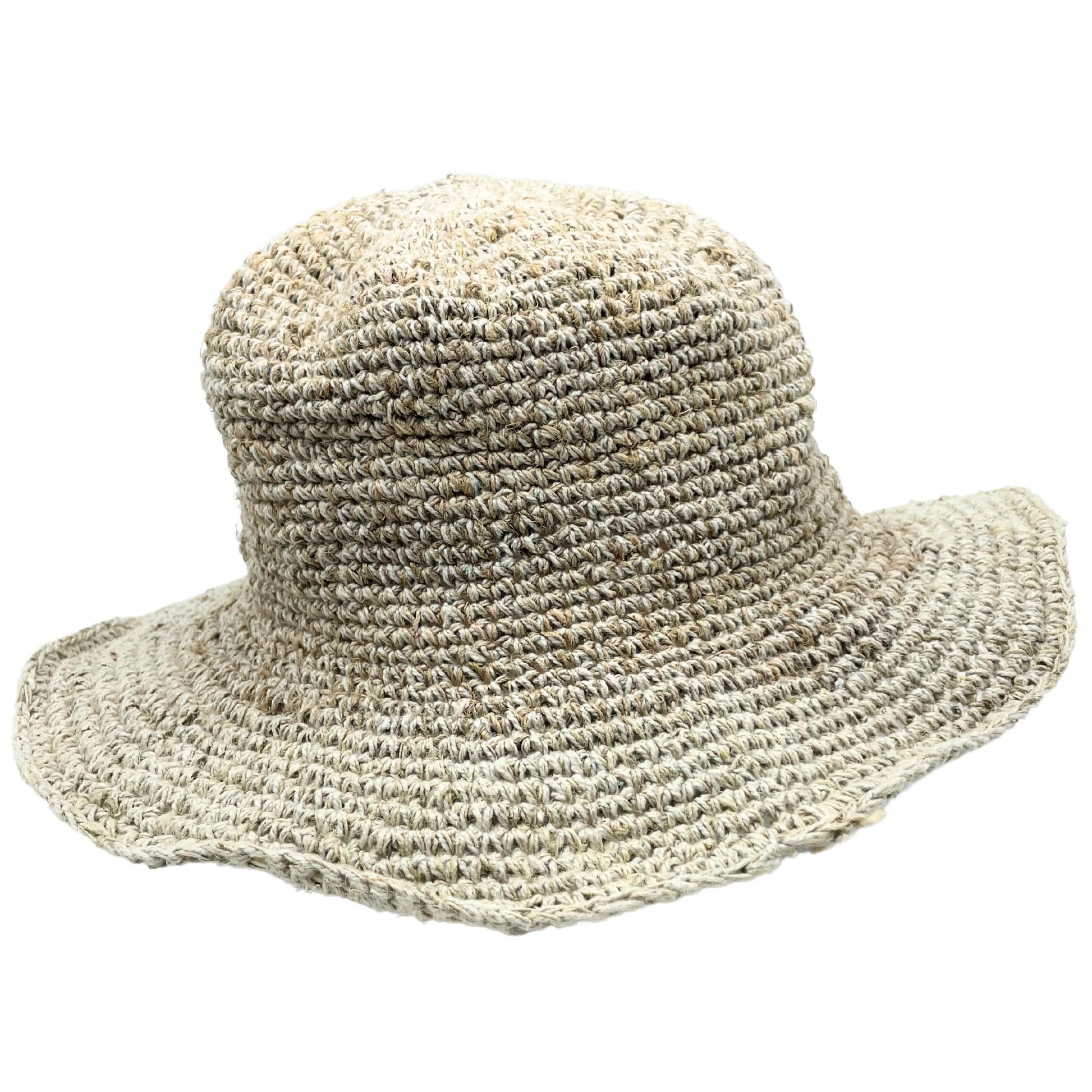 Hand-knitted boho festival hat in a natural beige tone, crafted from a sustainable hemp and cotton blend.
