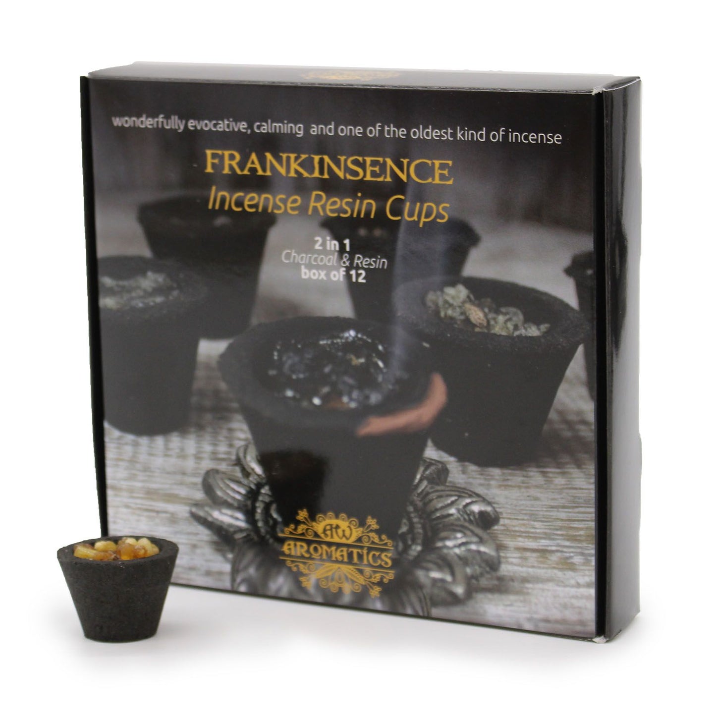 Twelve charcoal resin cups filled with aromatic frankincense resin granules in a presentation box.