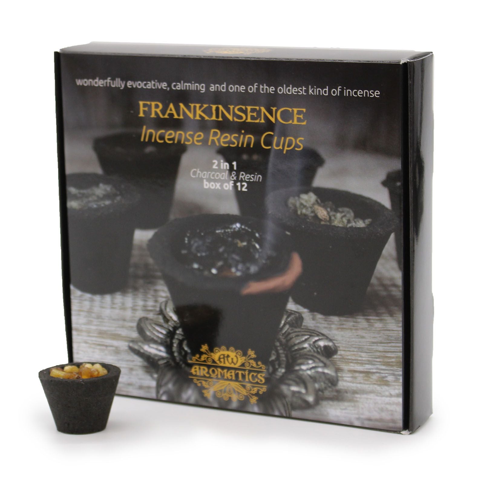 Twelve charcoal resin cups filled with aromatic frankincense resin granules in a presentation box.
