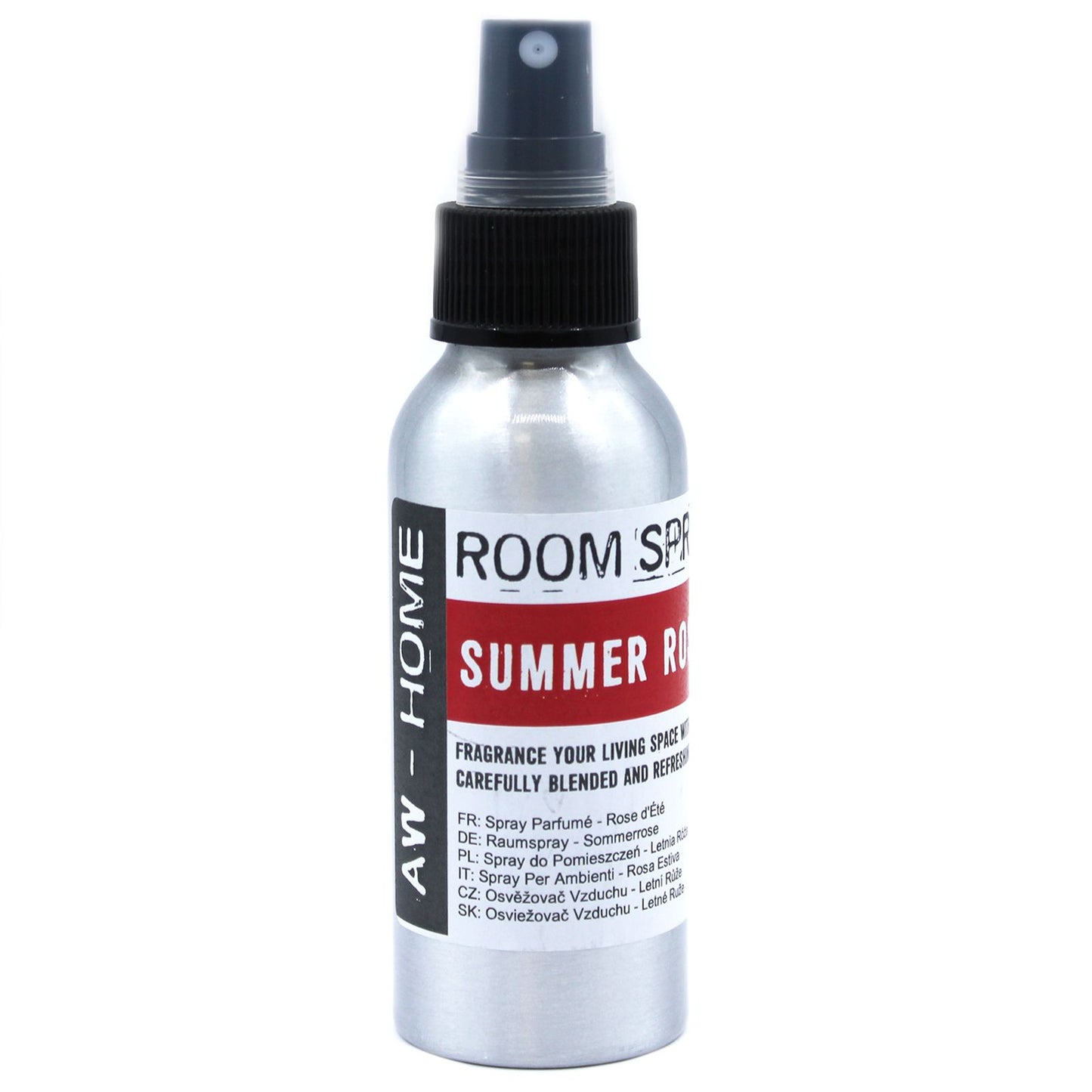 Clear 100ml glass bottle of room spray with a minimalist label and spray nozzle in a bright setting.