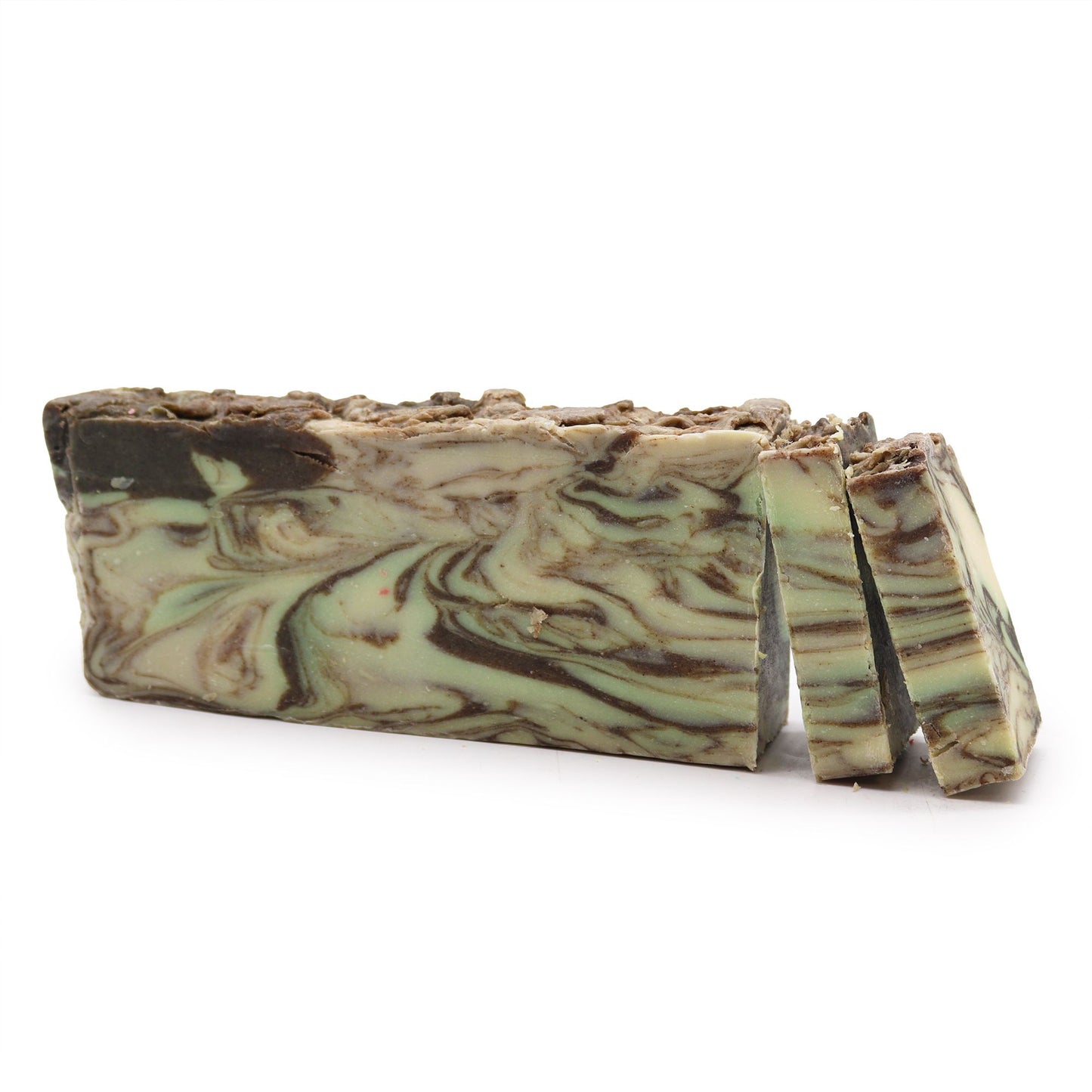Handcrafted loaf of cinnamon olive oil soap with a natural, rustic texture and warm brown tones.