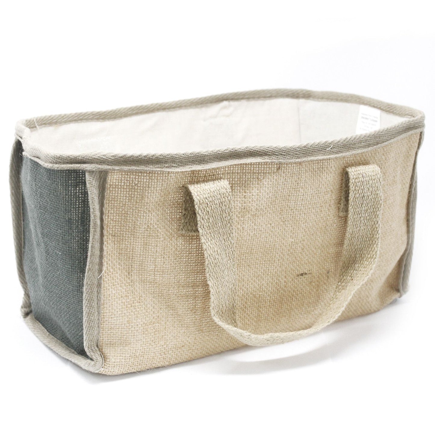 Large charcoal grey woven jute shopping basket with soft handles and a cream cotton lining.