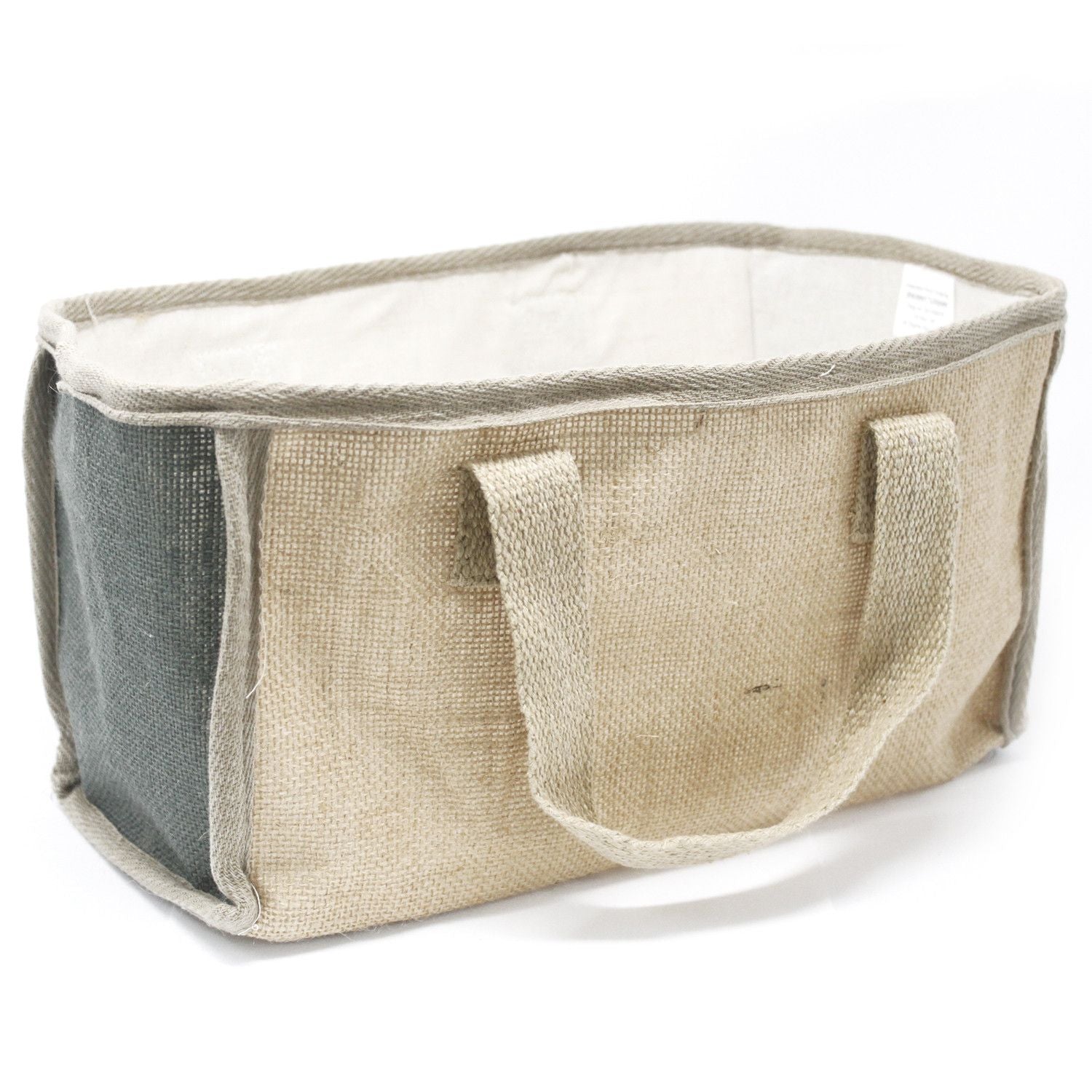 Large charcoal grey woven jute shopping basket with soft handles and a cream cotton lining.