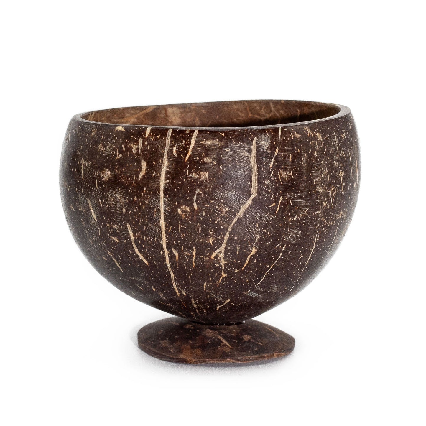 Small polished natural coconut bowl sitting on a simple three-legged wooden stand against a neutral background.