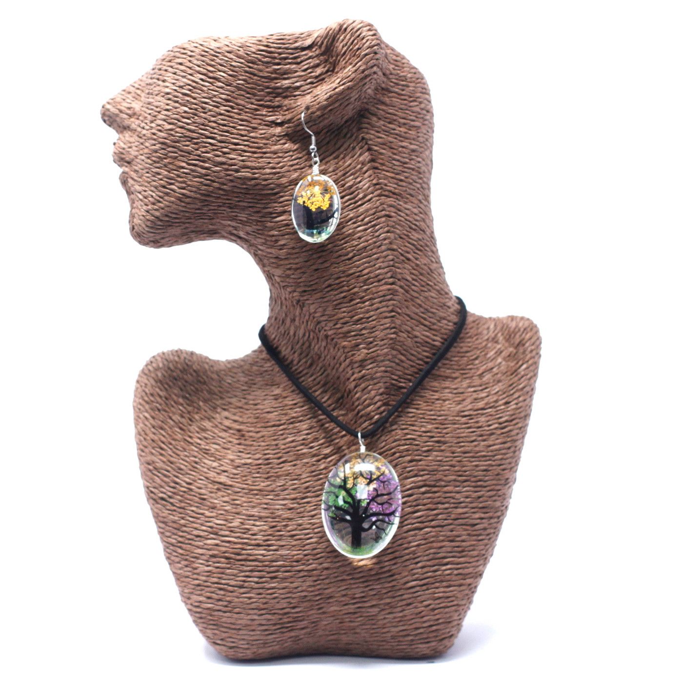 Round glass pendant featuring real mixed colourful pressed flowers in a silver-tone Tree of Life design.