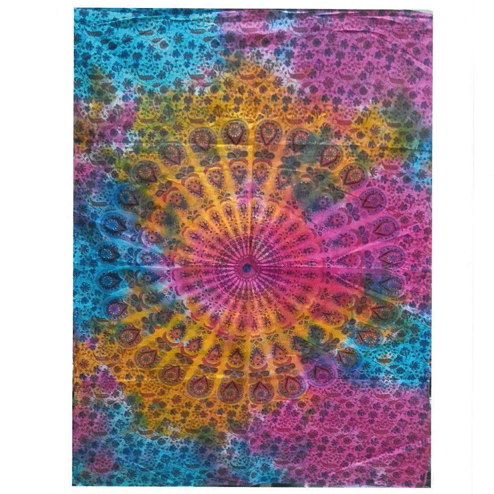 Large round cotton wall hanging featuring an intricate black and white mandala design with vibrant exotic patterns.
