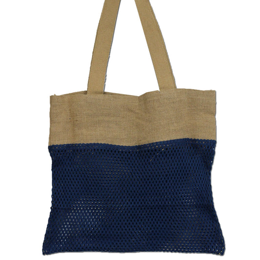 Eco-friendly denim blue mesh shopping bag made from a soft blend of natural jute and cotton fibres.