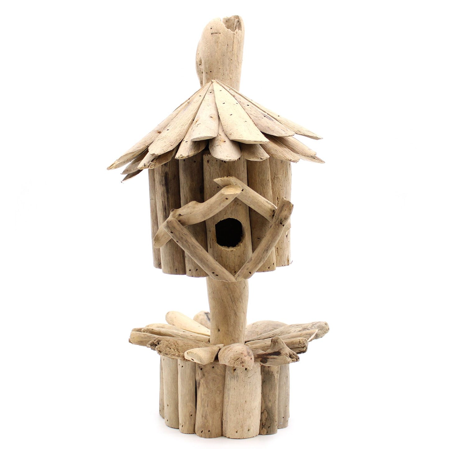 Rustic handmade birdhouse crafted from natural recycled driftwood mounted on a sturdy wooden garden stand.