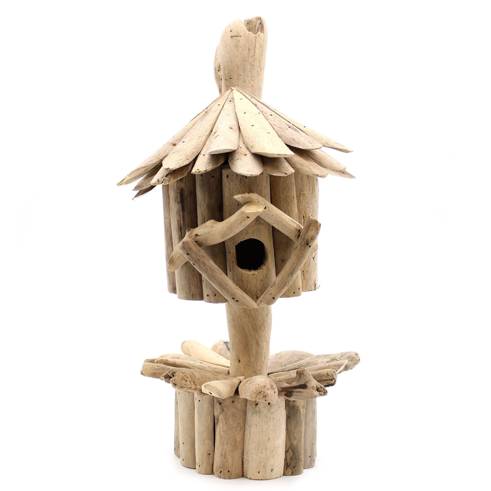 Rustic handmade birdhouse crafted from natural recycled driftwood mounted on a sturdy wooden garden stand.