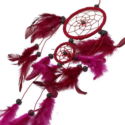 Handcrafted medium round dreamcatcher featuring a woven web and hanging feathers in black, white, and red.
